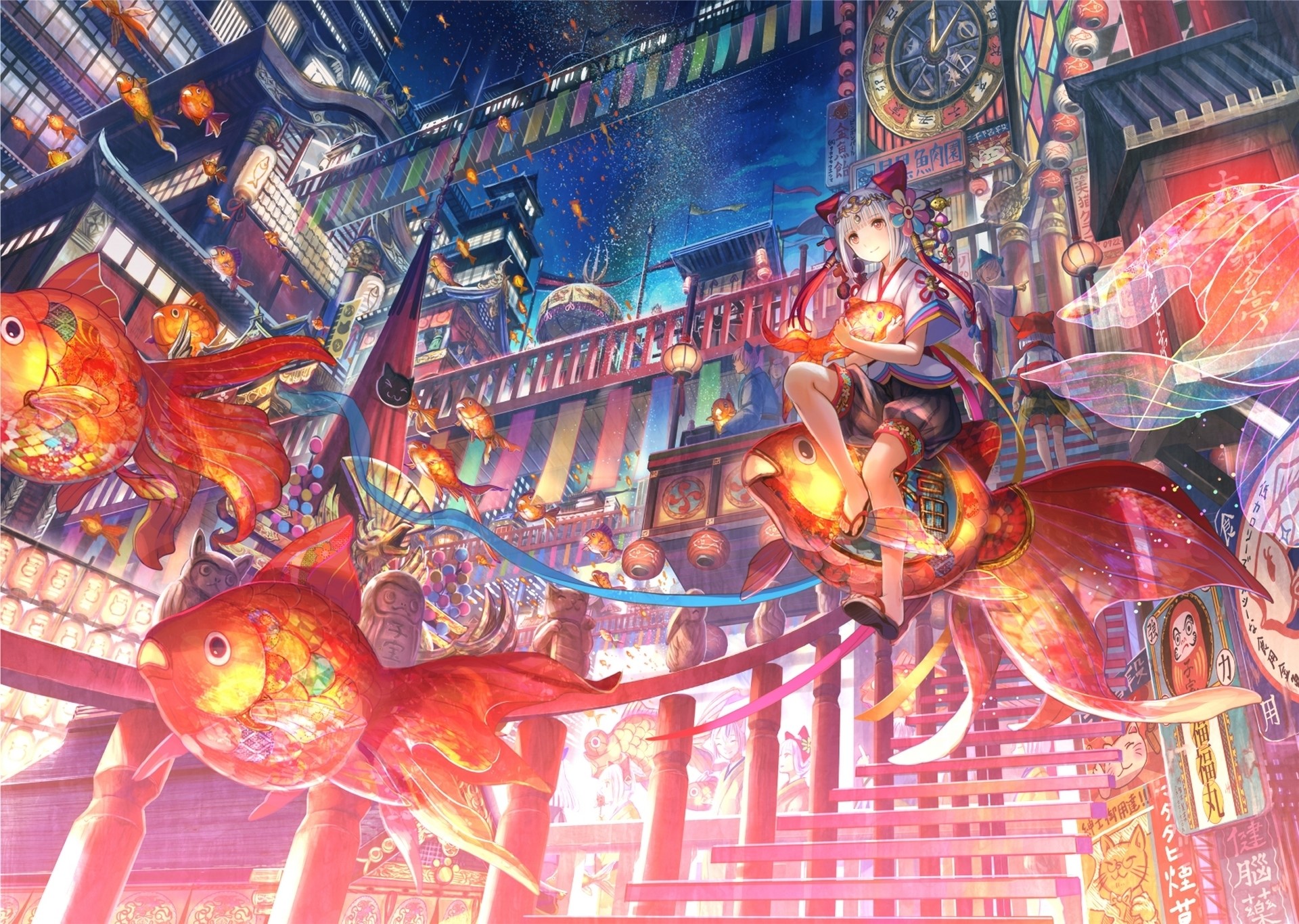 Girl with goldfish in a fantastical Japanese festival setting HD Wallpaper
