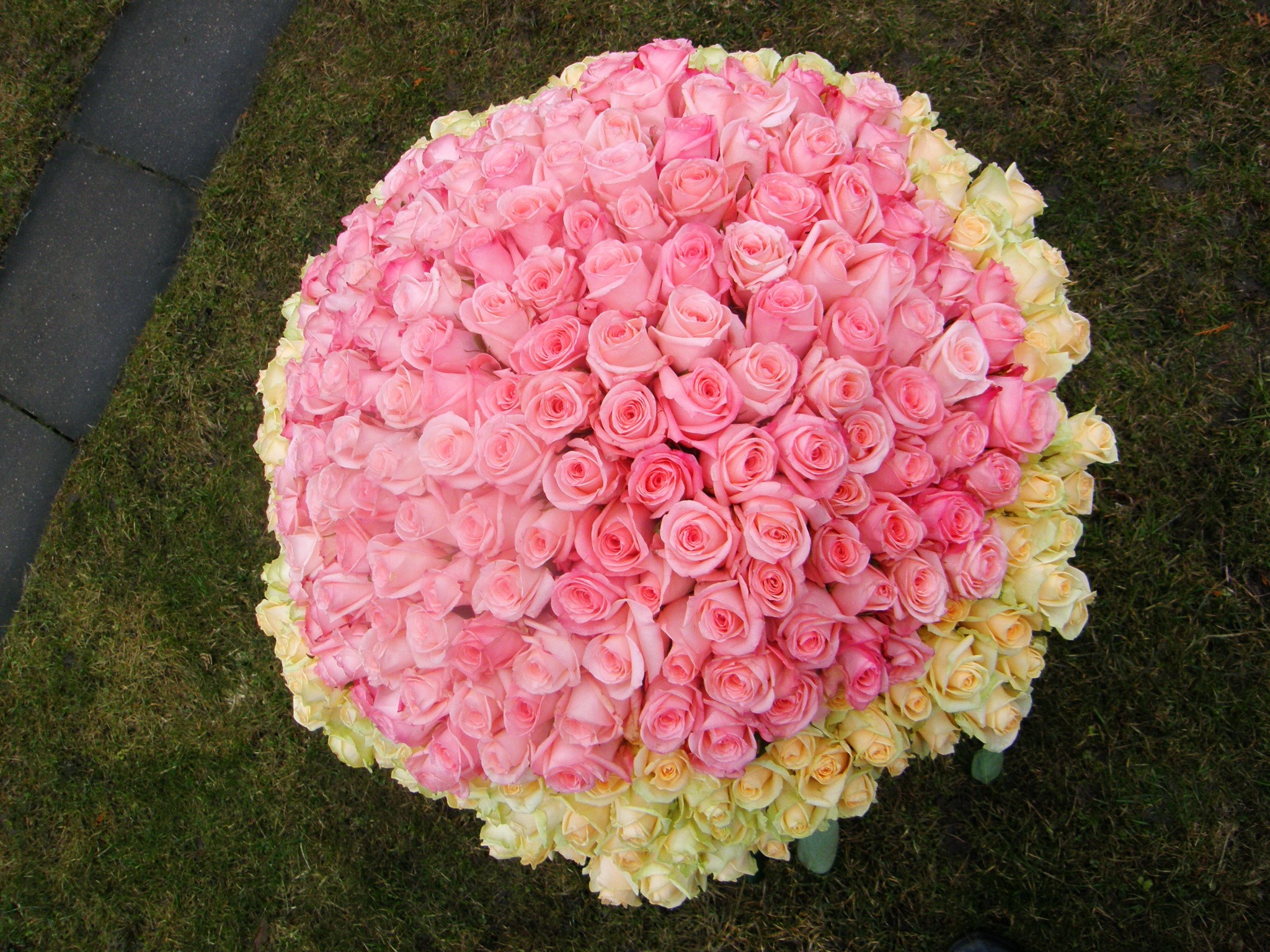 Large bouquet of pink and yellow roses on grass HD Wallpaper