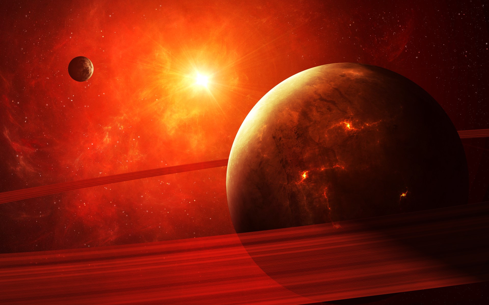 Planets in a red nebula with a bright sun HD Wallpaper