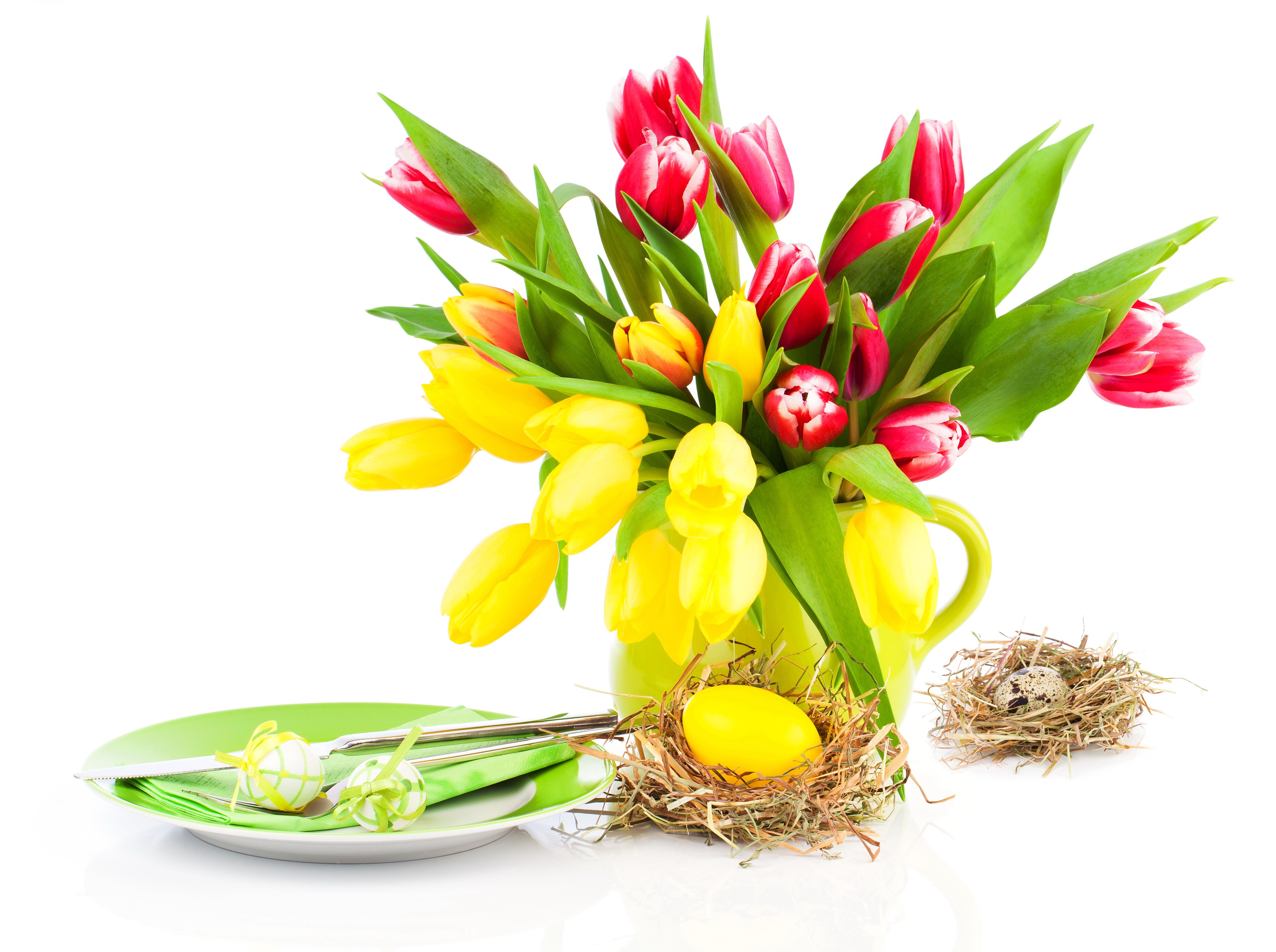 Easter tulips and place setting with eggs HD Wallpaper