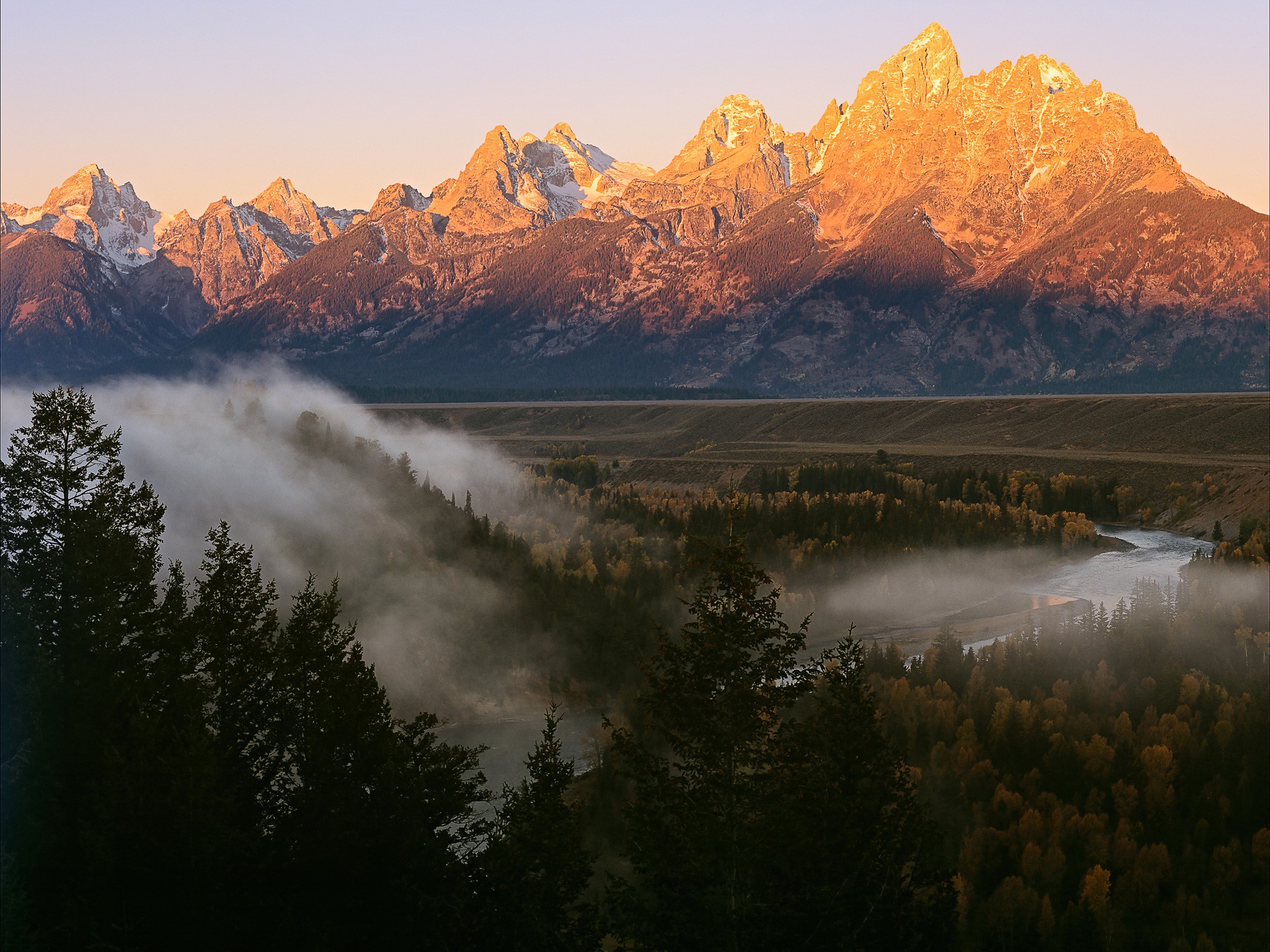 Grand Teton Mountains at Sunrise with Fog HD Wallpaper