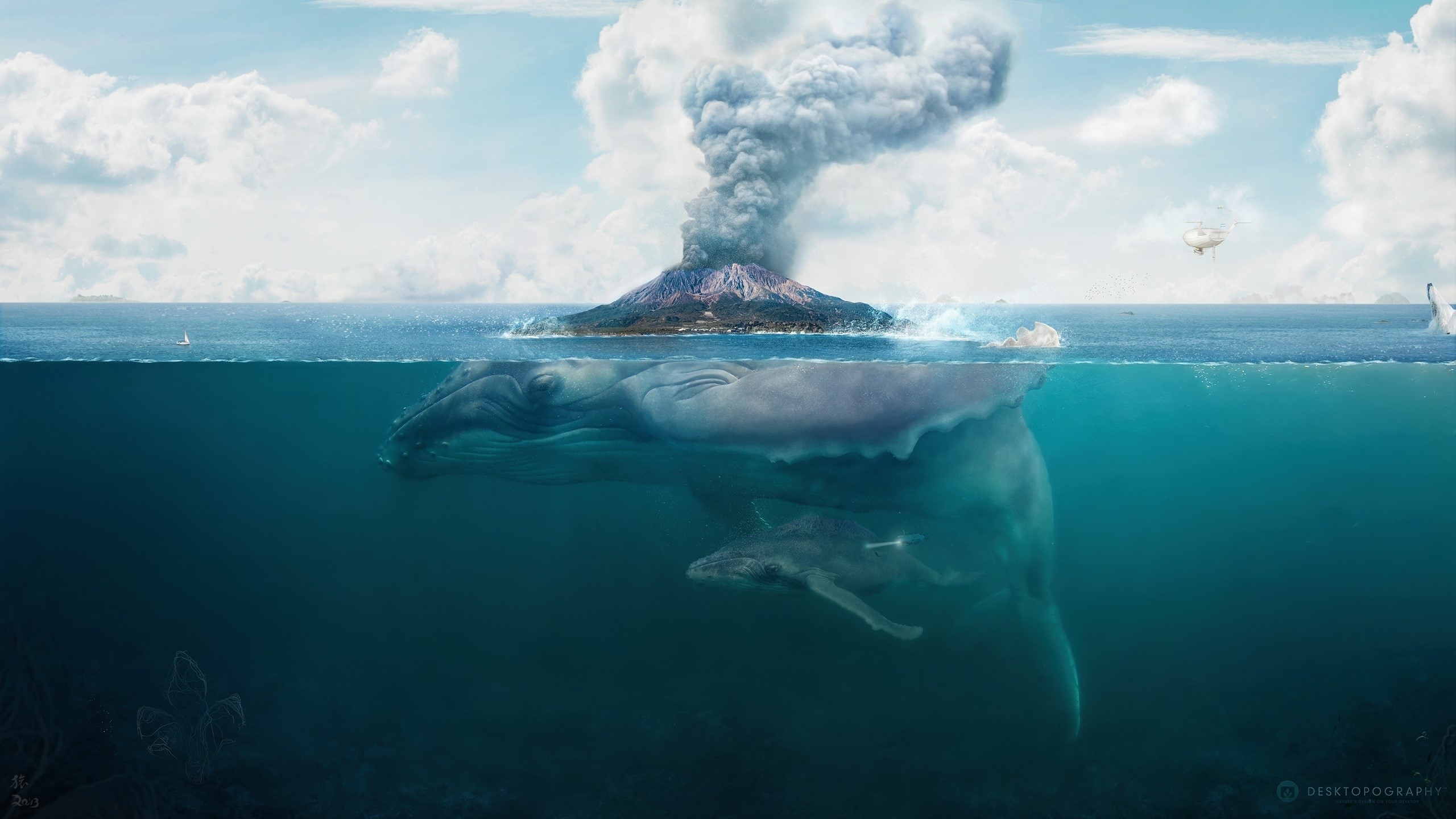 Volcano erupting near whales underwater HD Wallpaper