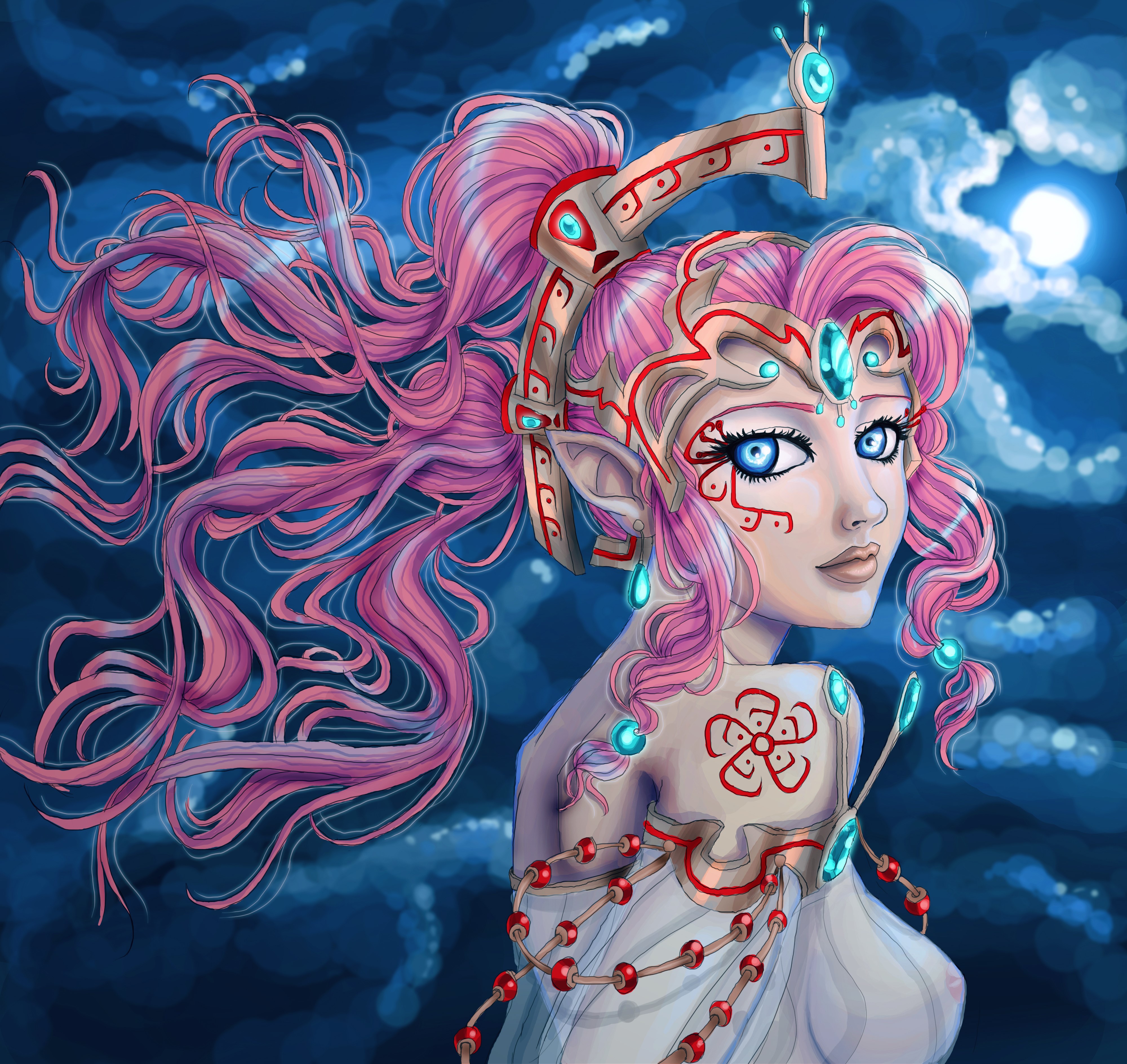 Elf with pink hair under the moon HD Wallpaper