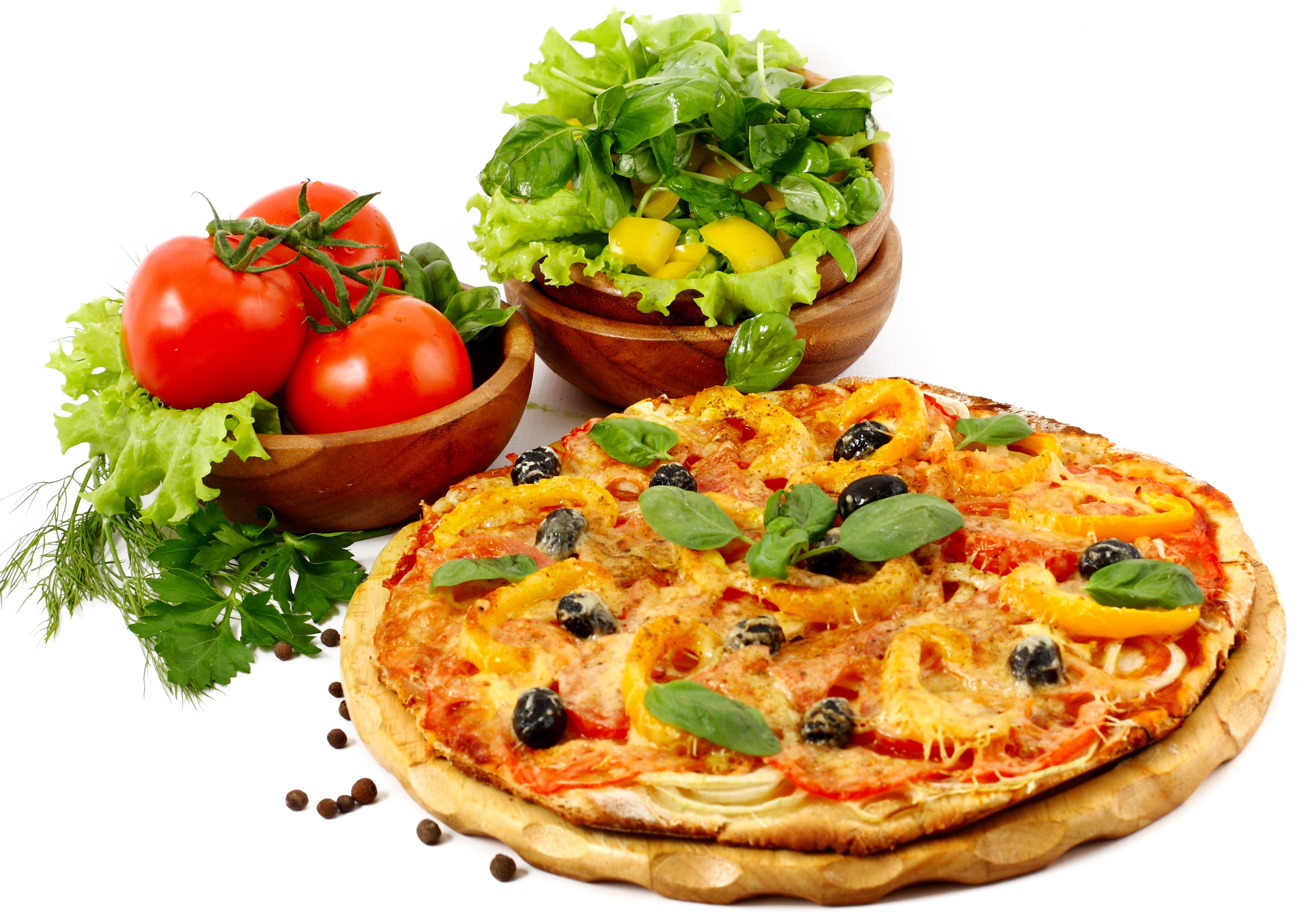 Pizza with Tomatoes, Salad, and Basil HD Wallpaper