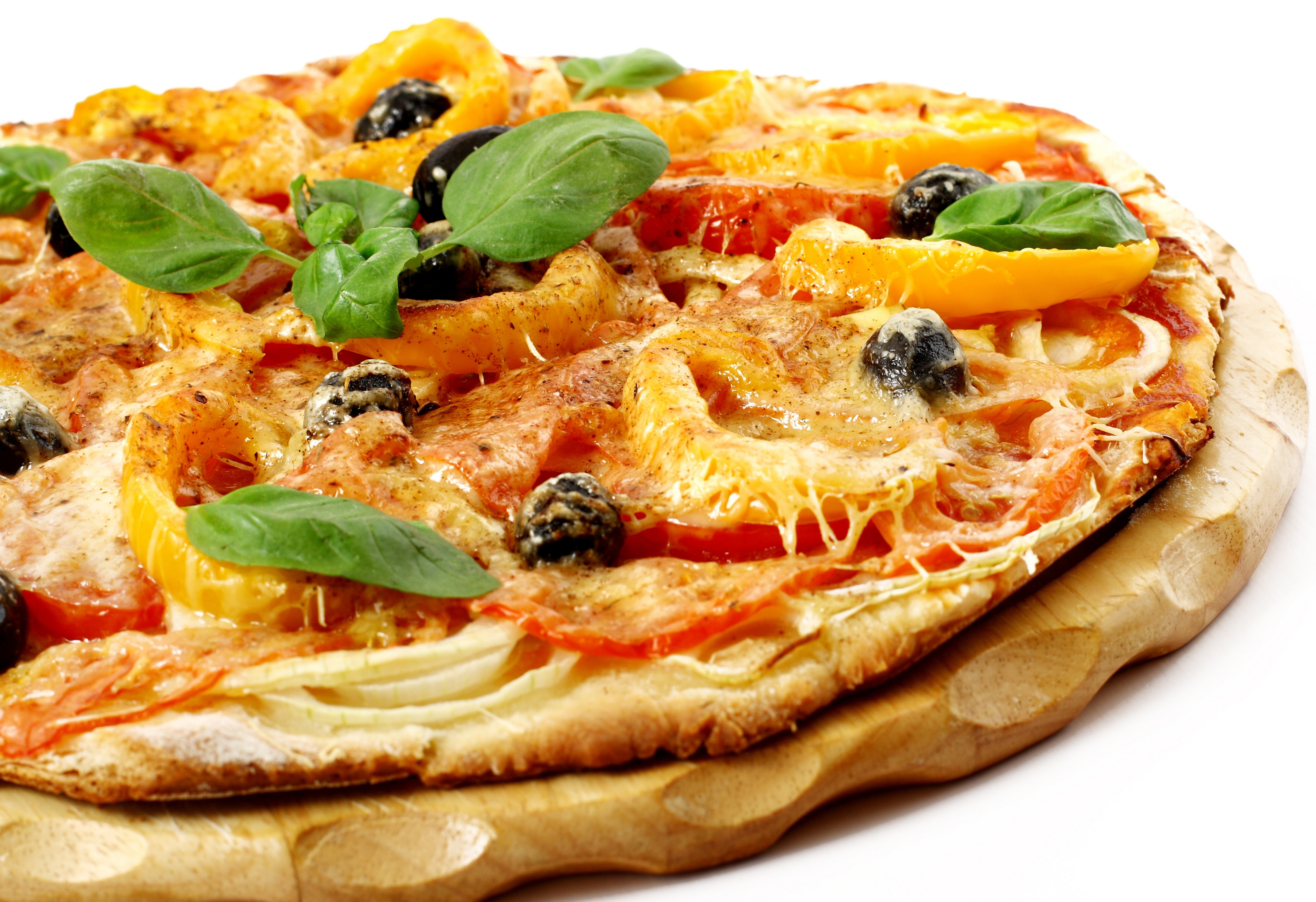 Pizza with Basil, Olives, and Bell Peppers HD Wallpaper