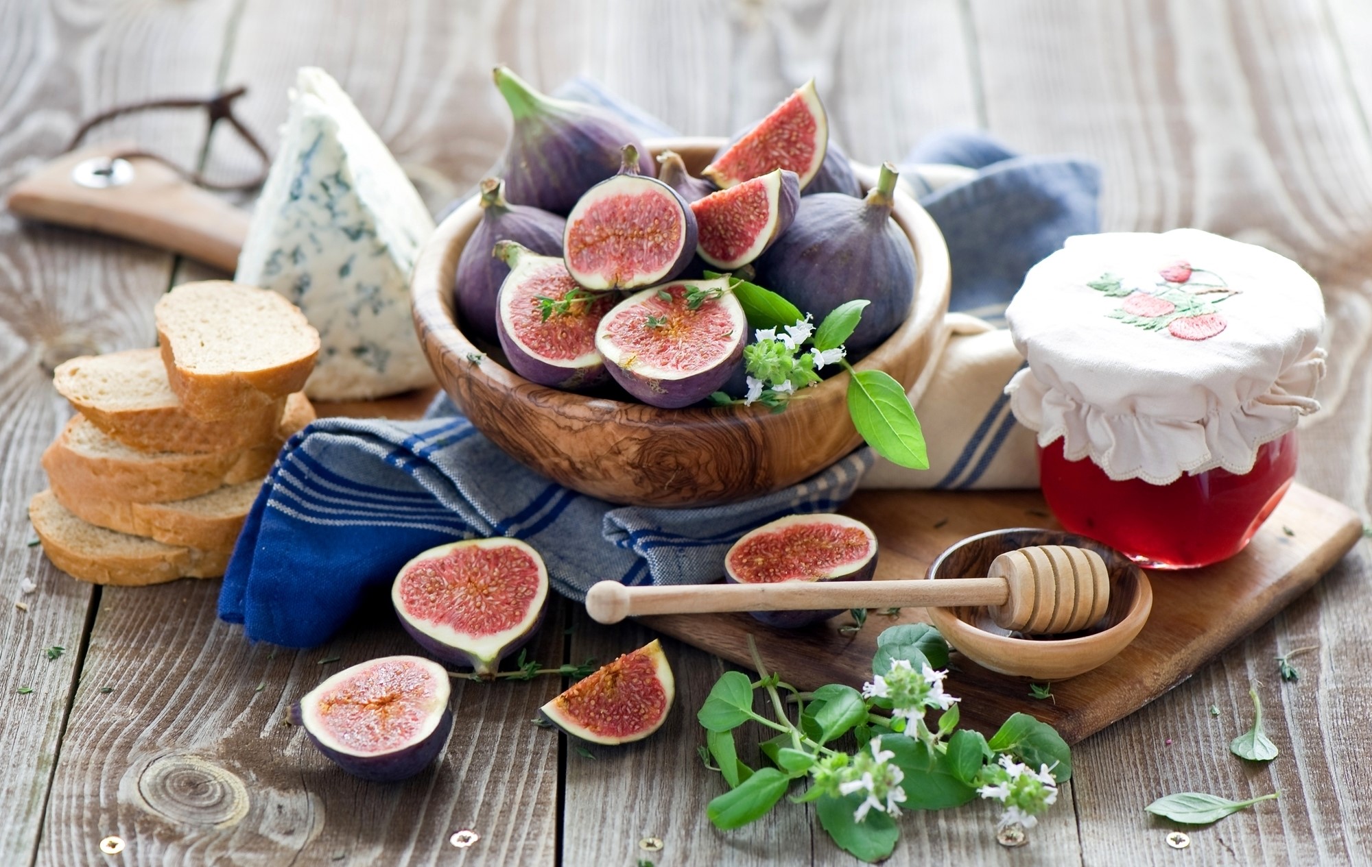 Figs, Blue Cheese, Bread, and Honey on a Wooden Table HD Wallpaper