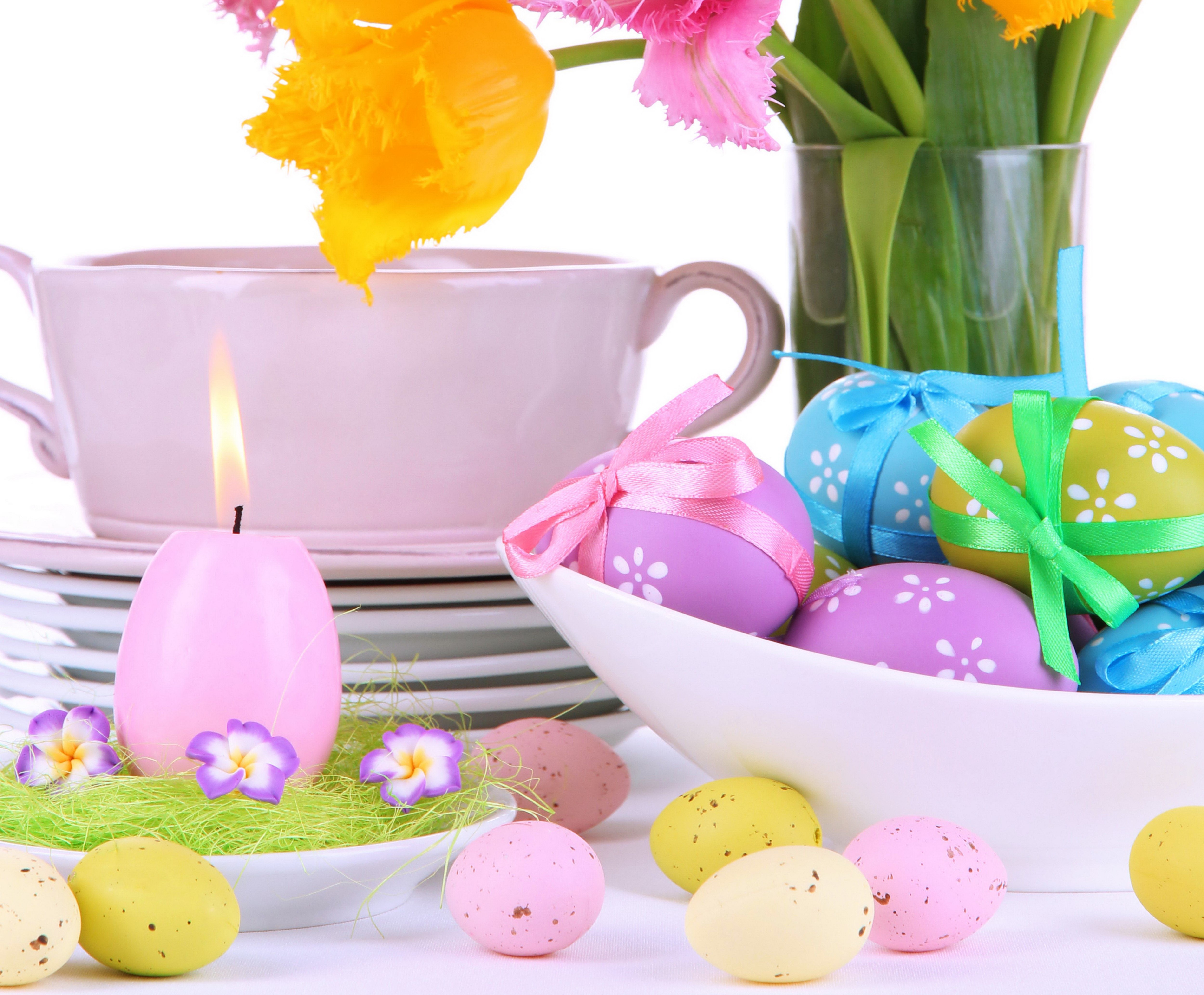 Easter Eggs and Candle with Tulips HD Wallpaper