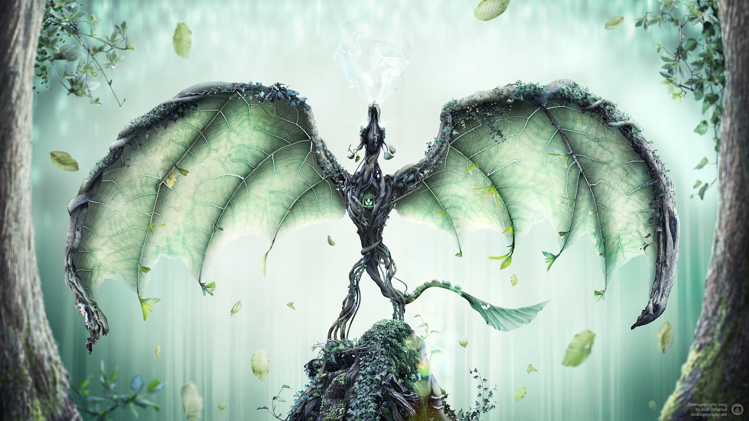 Dragon made of wood and leaves in a forest HD Wallpaper