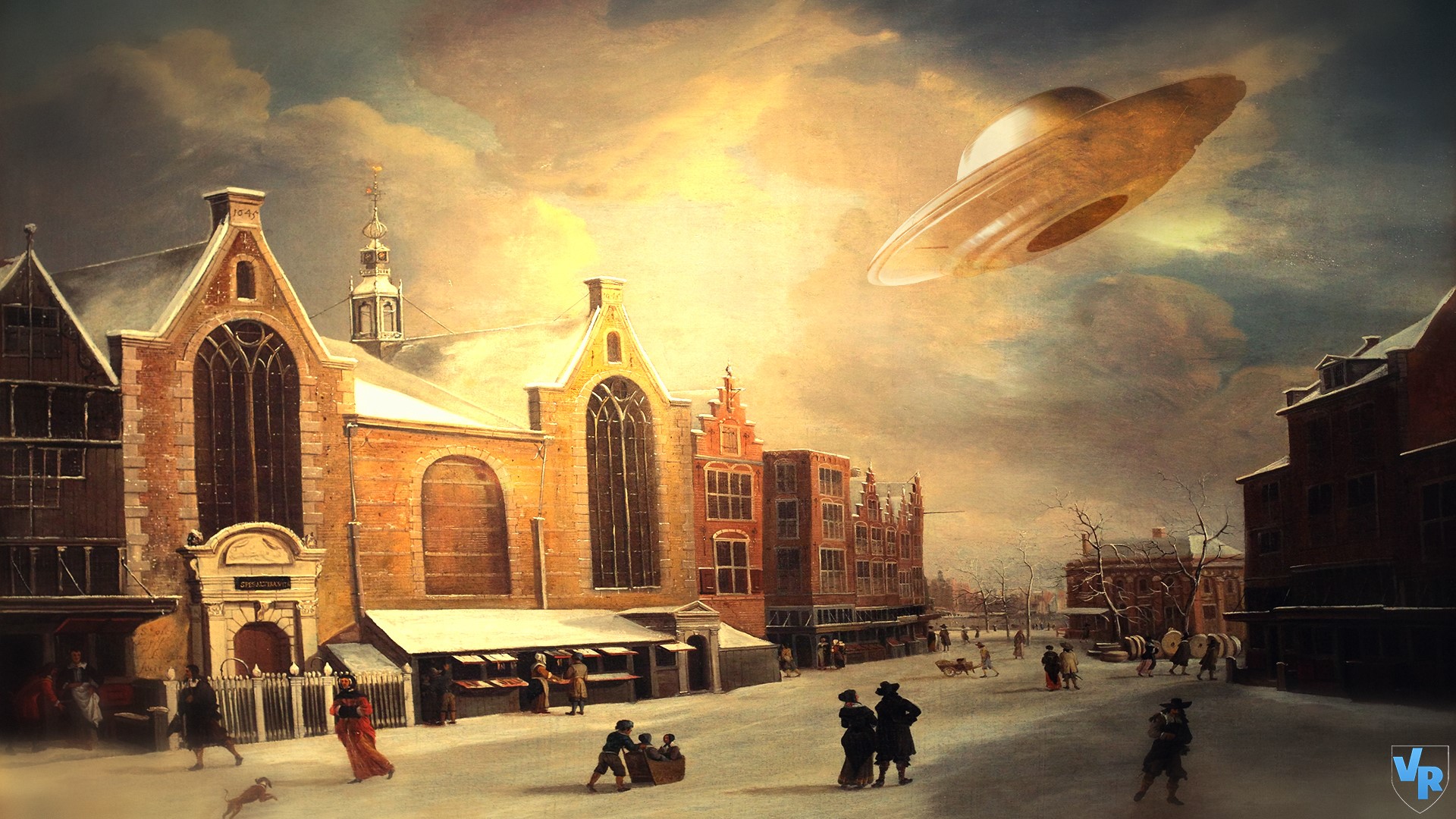 UFO over a snowy European city street HD Wallpaper