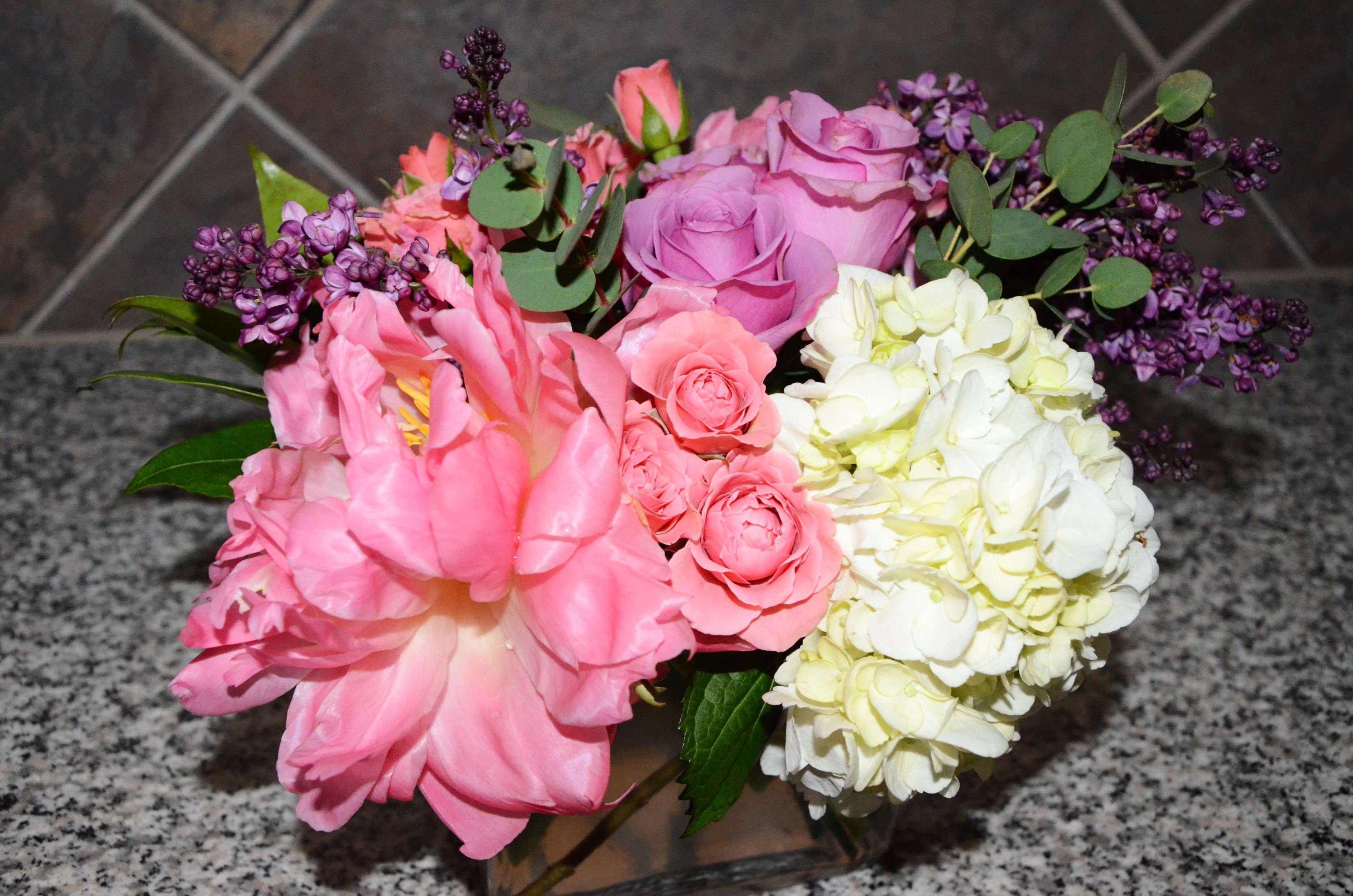 Pink Peony, Roses, Hydrangea, and Lilac Bouquet HD Wallpaper