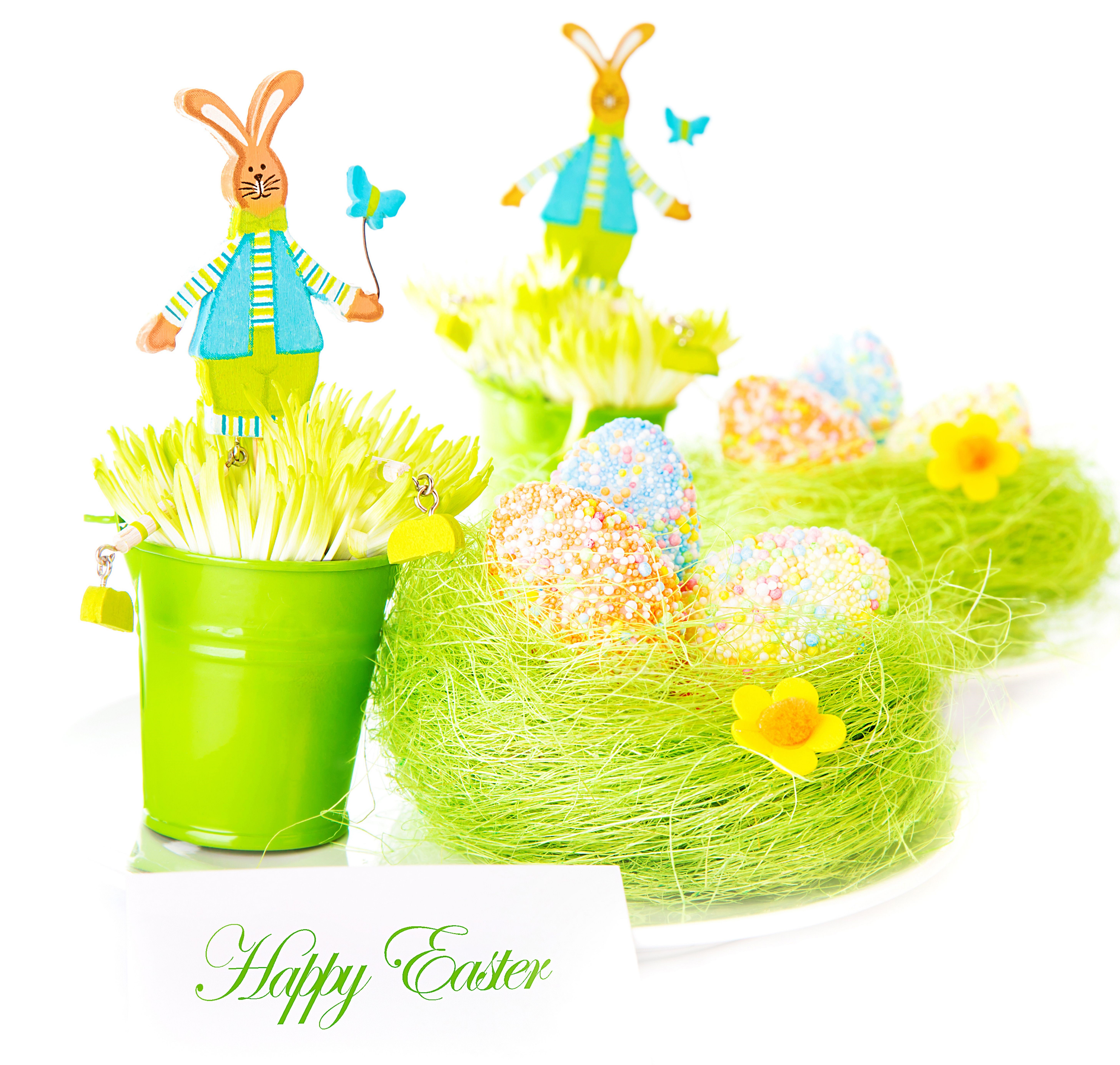 Easter decorations with bunnies and eggs HD Wallpaper
