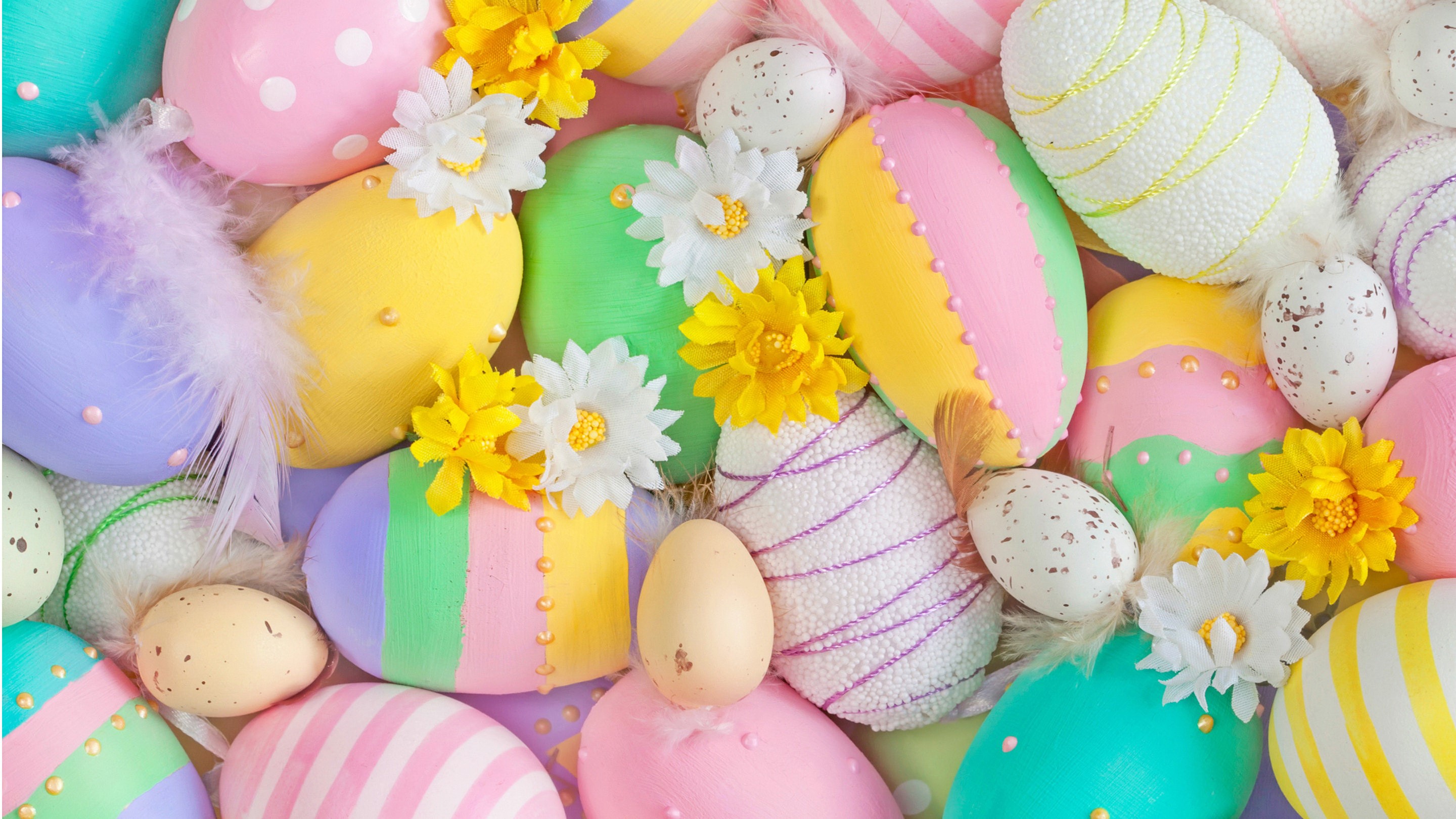 Easter Eggs with Flowers and Feathers HD Wallpaper