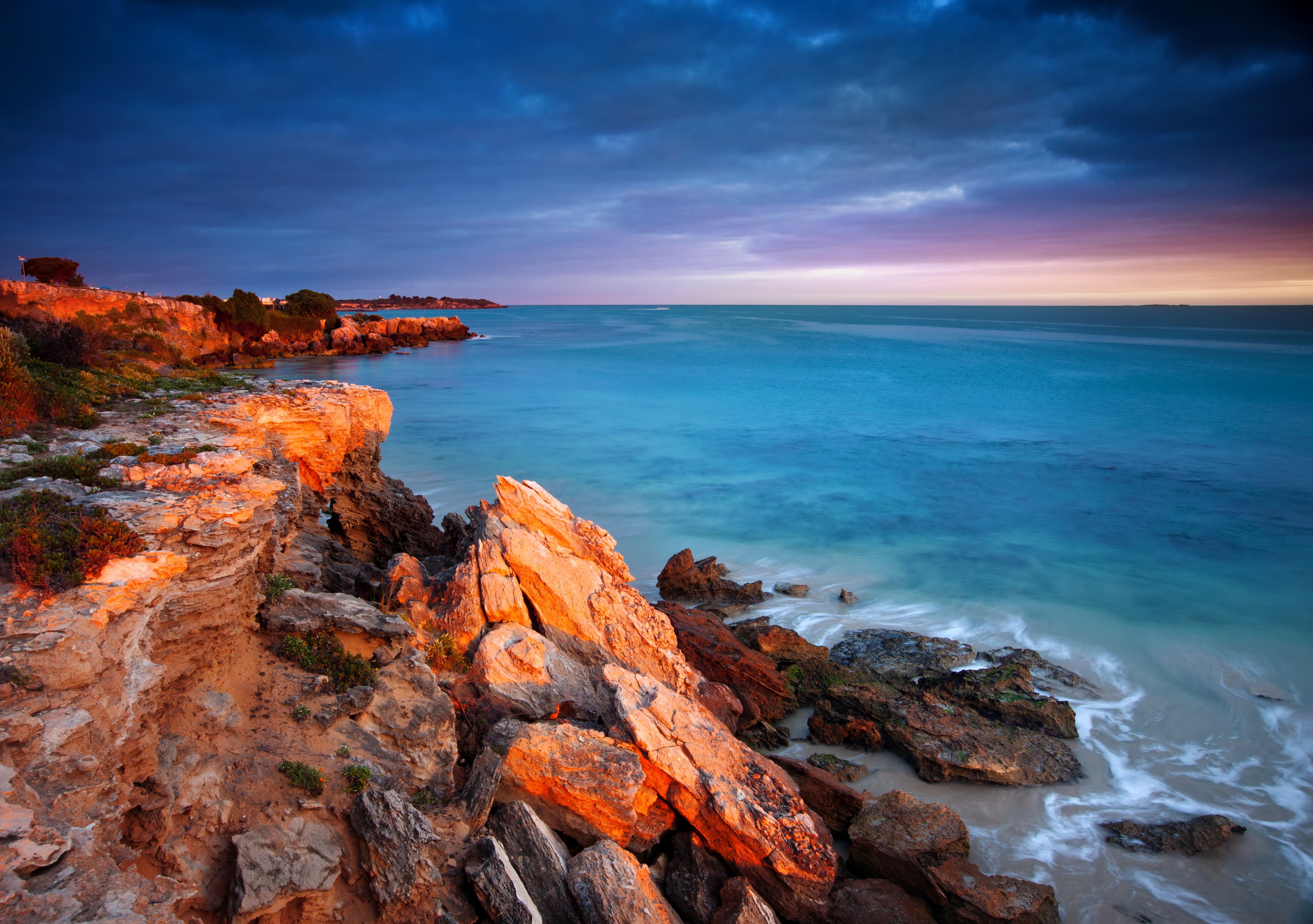 4K Sea Coast with Rocks at Sunset HD Wallpaper