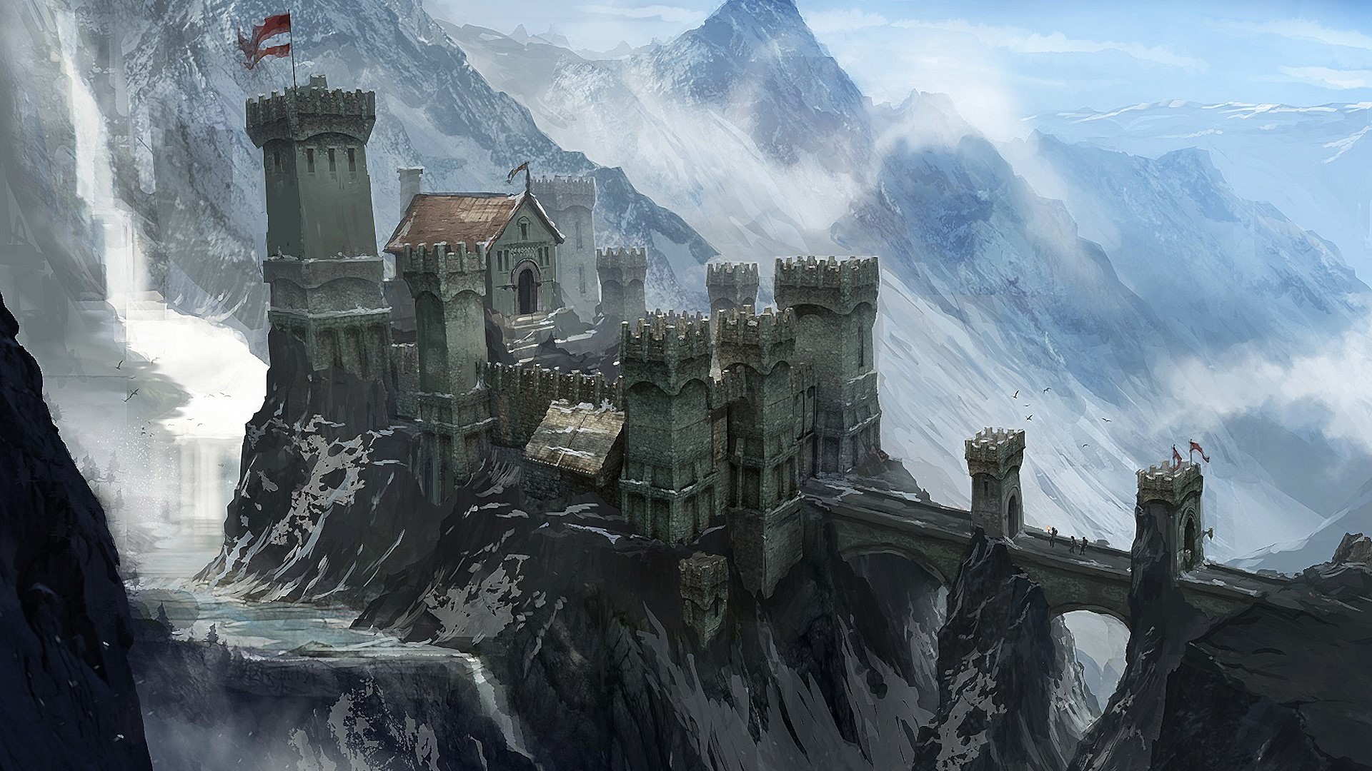 Castle on a cliff with a waterfall and mountains HD Wallpaper