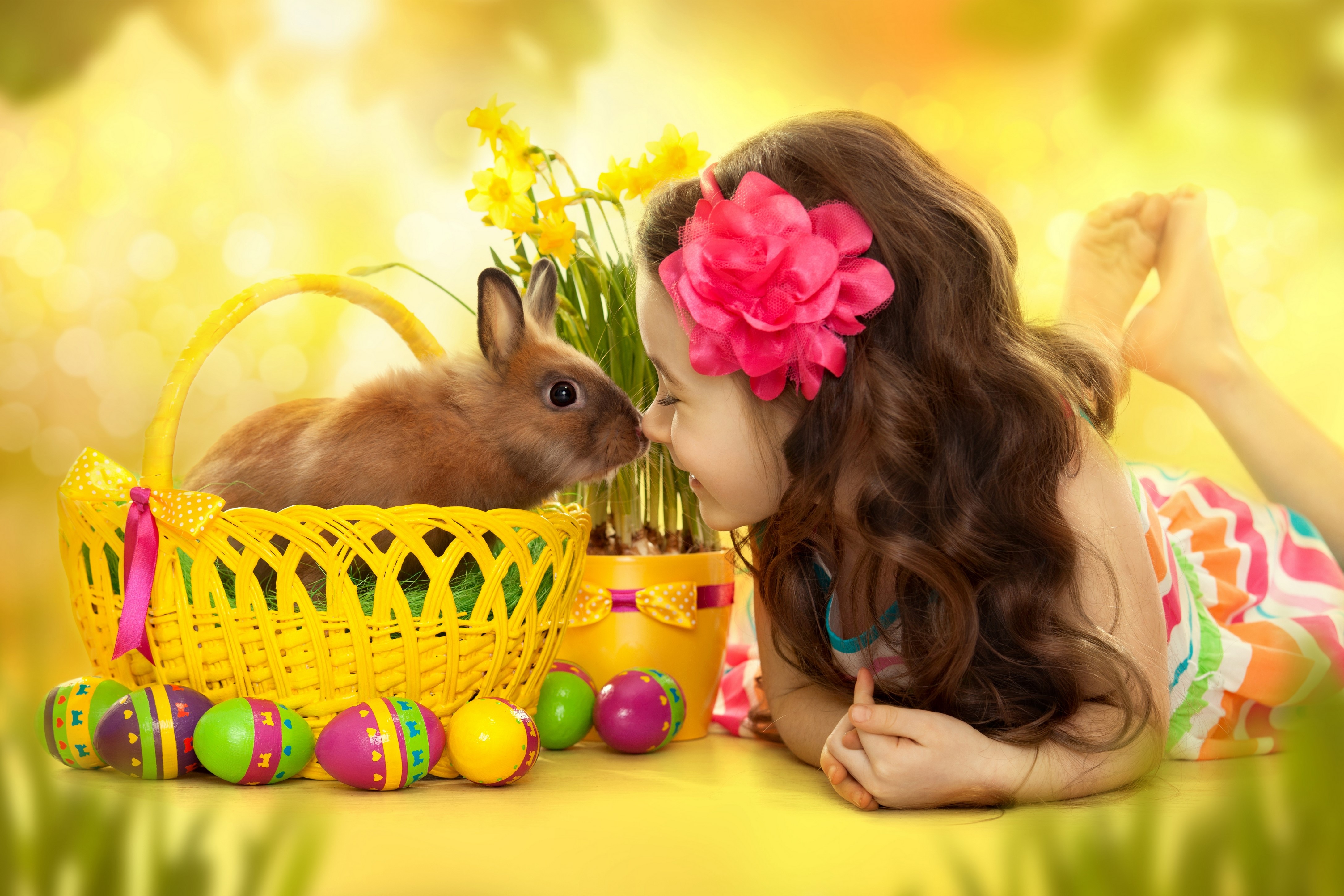 Easter girl with rabbit in basket and eggs HD Wallpaper