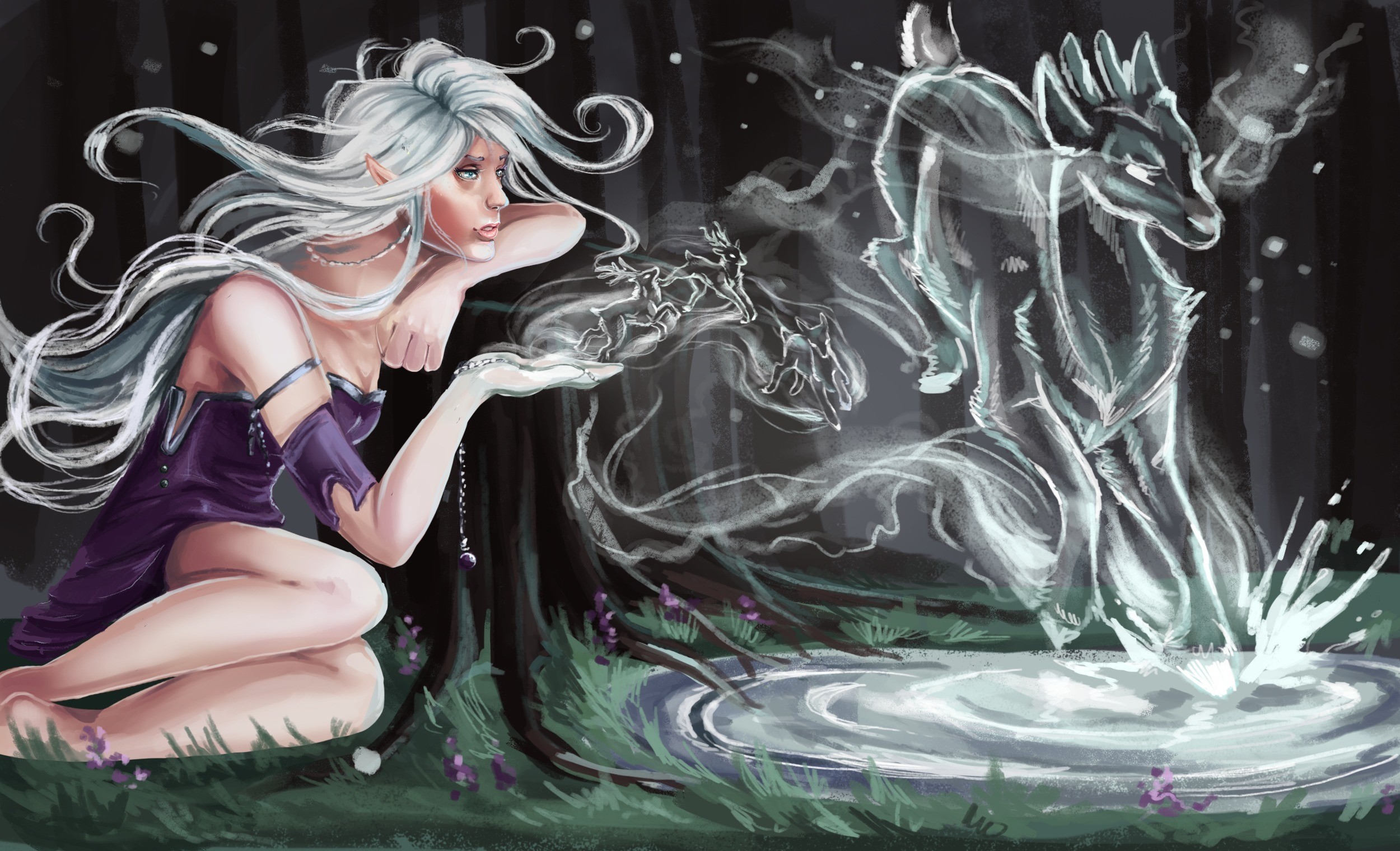 Elf woman conjures spirit deer in a forest HD Wallpaper
