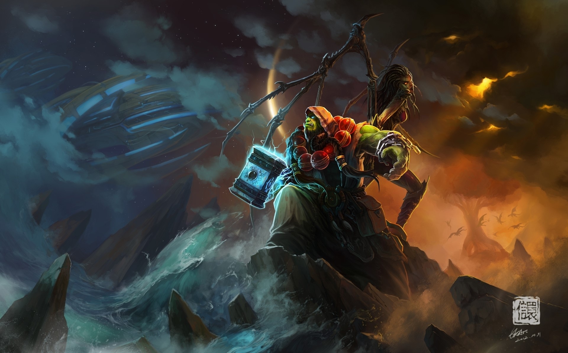 Orc Warrior with Hammer and Winged Woman HD Wallpaper