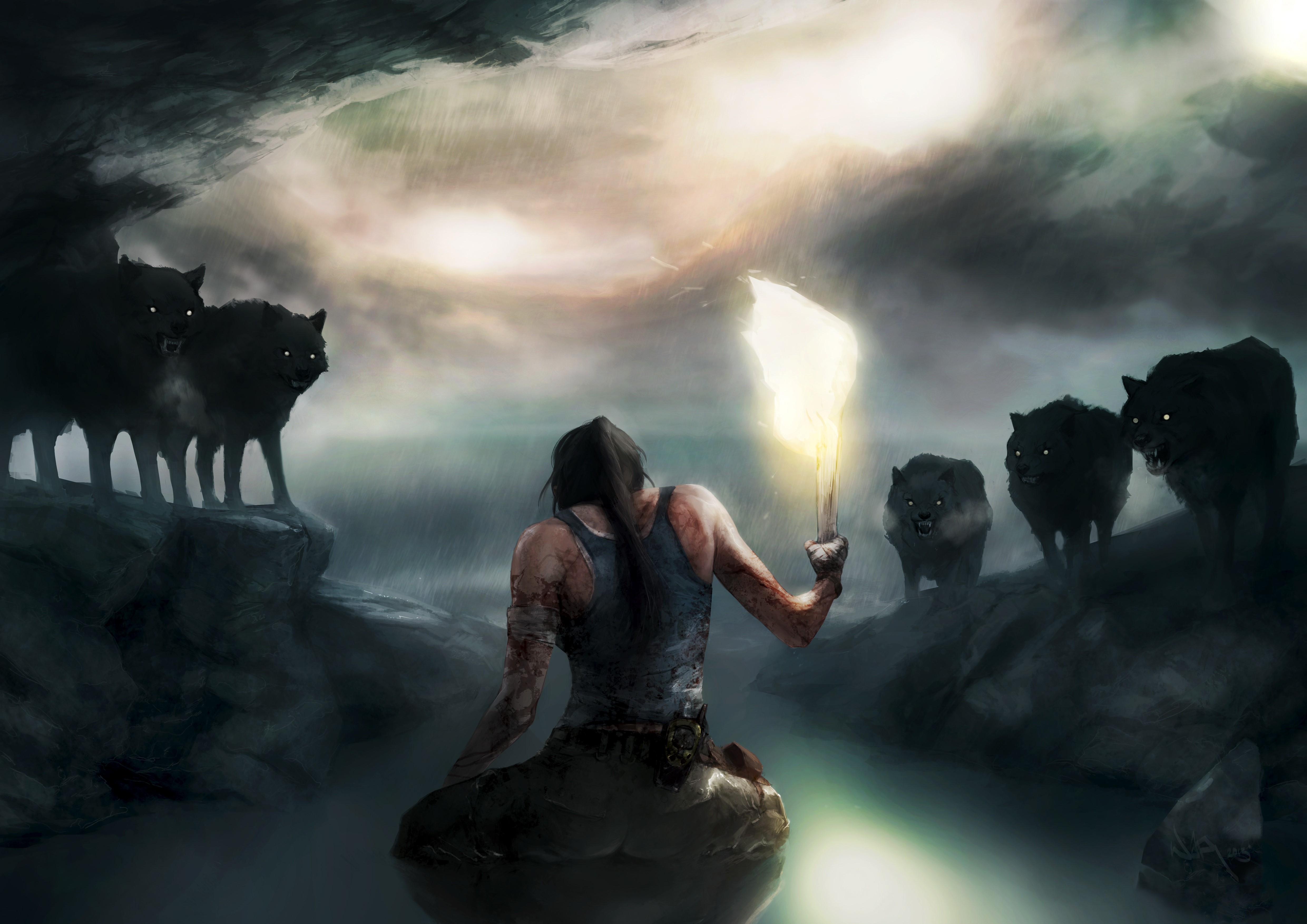 Lara Croft from Tomb Raider with wolves HD Wallpaper