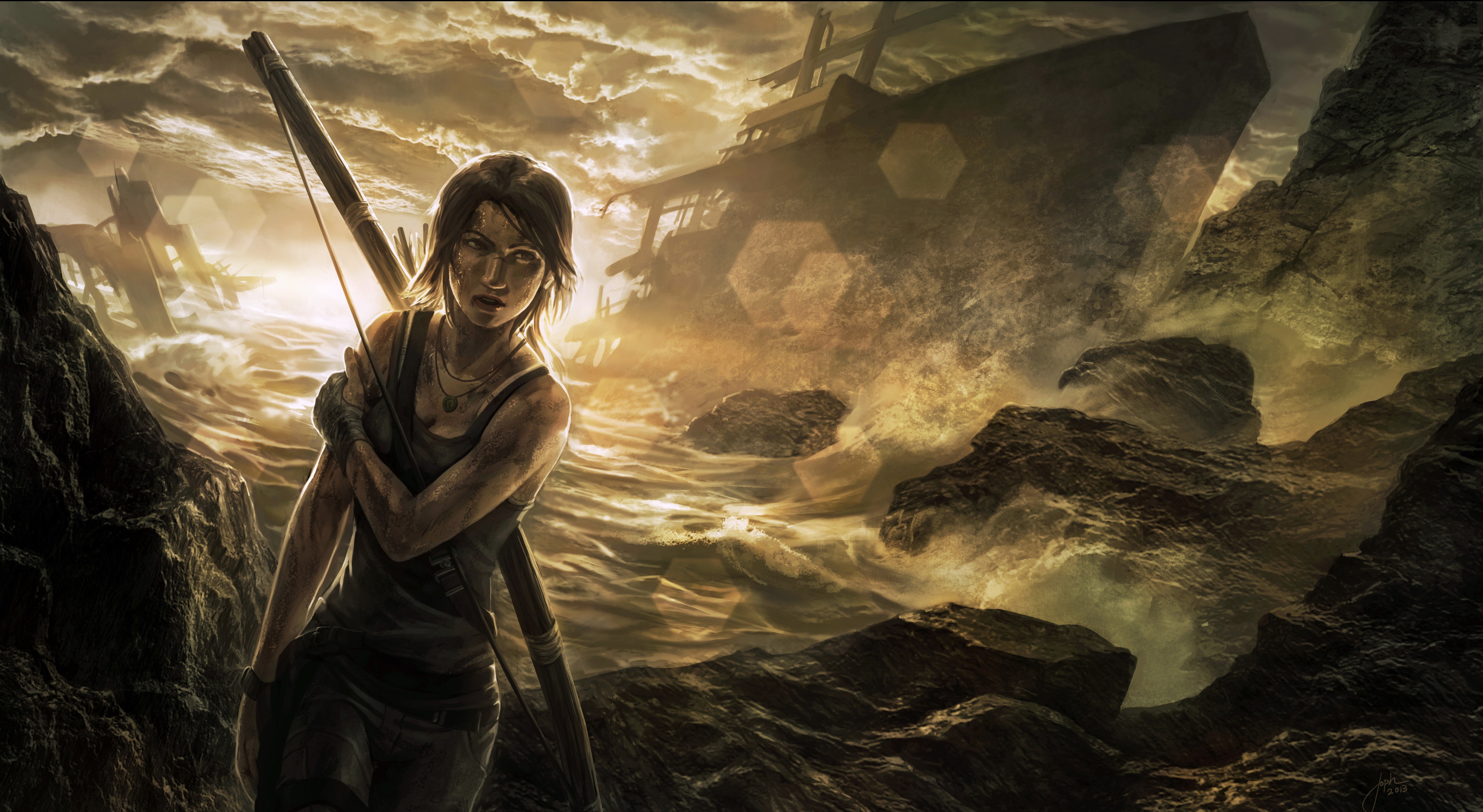Lara Croft from Tomb Raider 2013 on a rocky shore HD Wallpaper