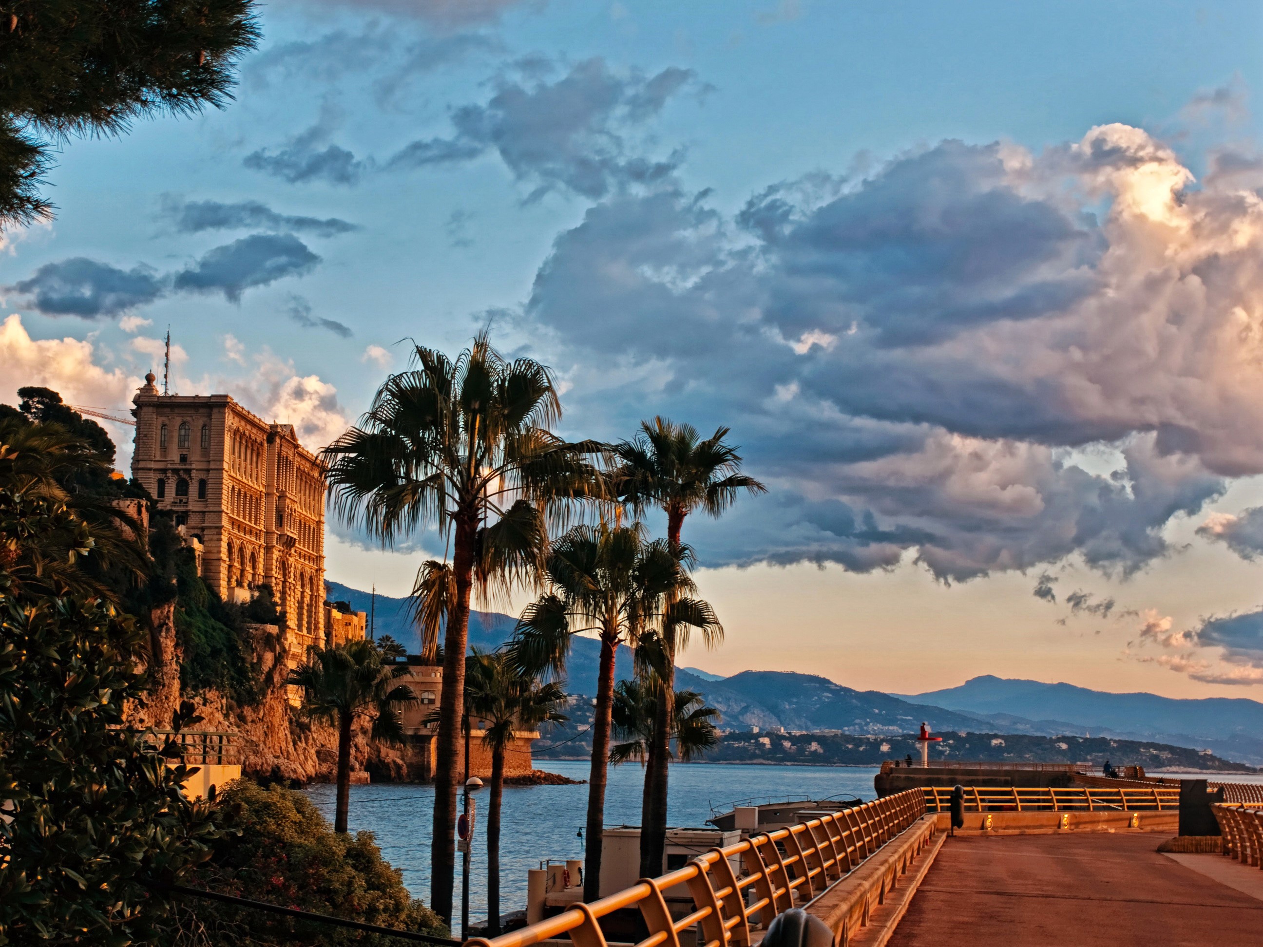 Oceanfront building with palm trees and lighthouse in Monaco HD Wallpaper