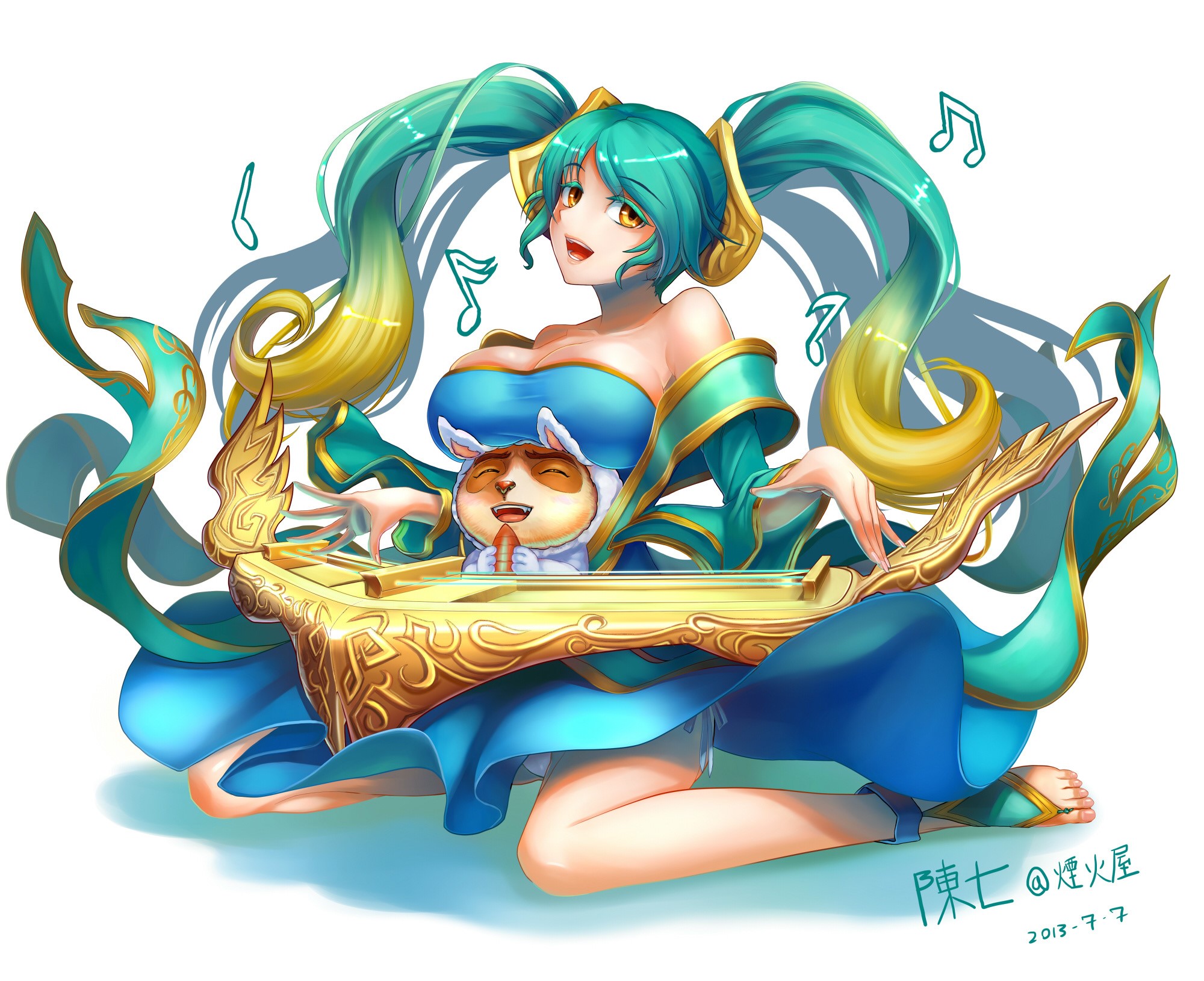 Sona from League of Legends playing a lyre with a hamster HD Wallpaper