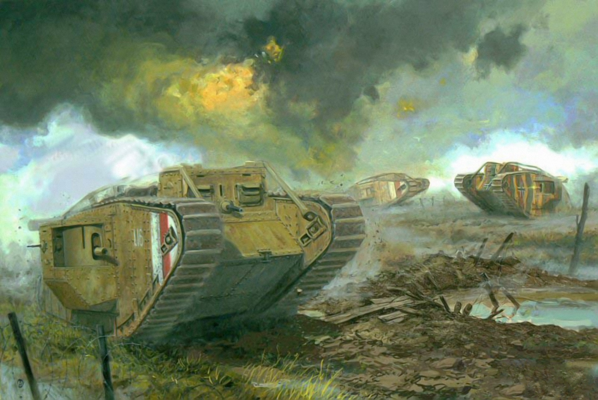 Mk IV Tanks in a Battlefield Painting HD Wallpaper