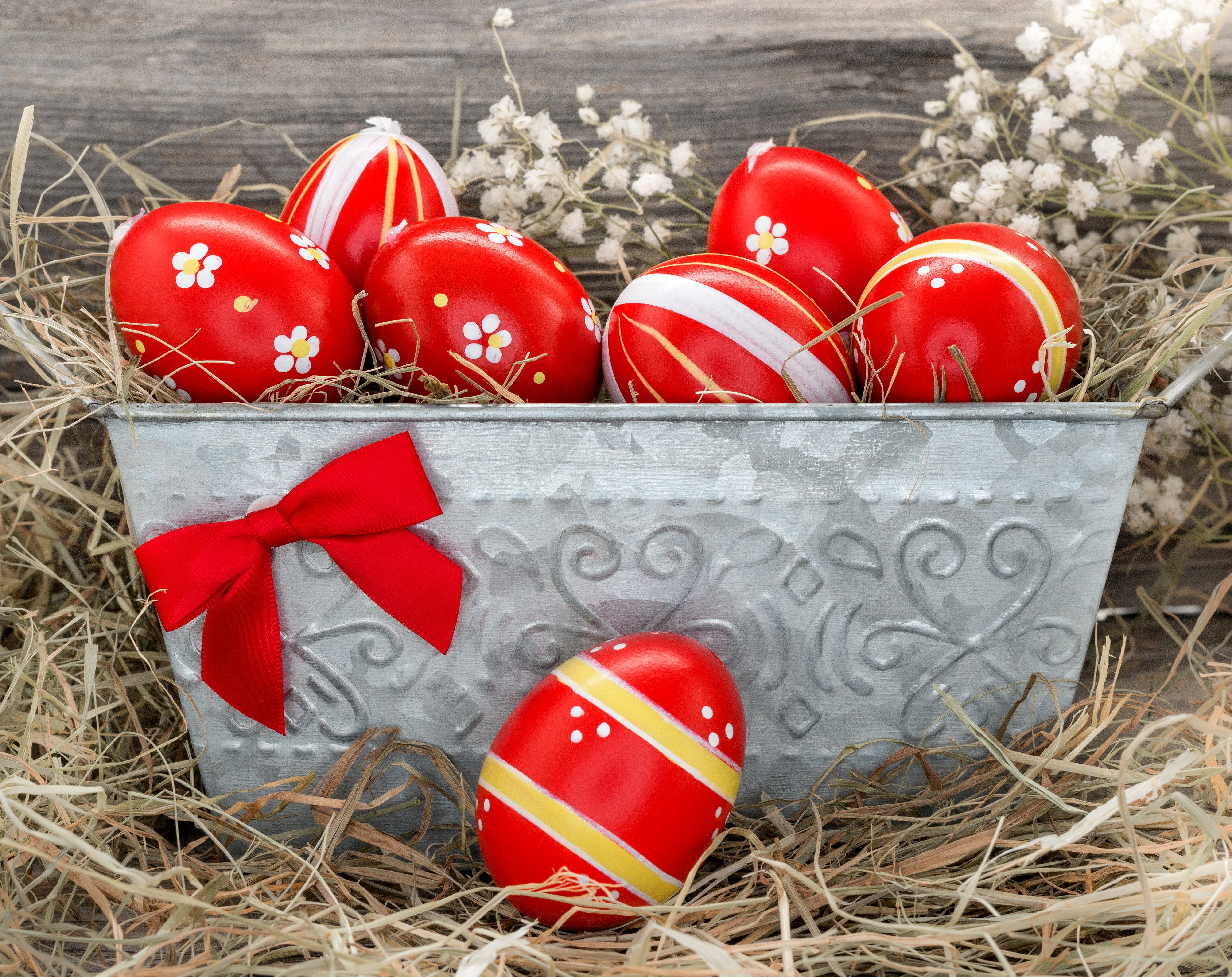 Easter Eggs in a Galvanized Bucket with Red Bow HD Wallpaper