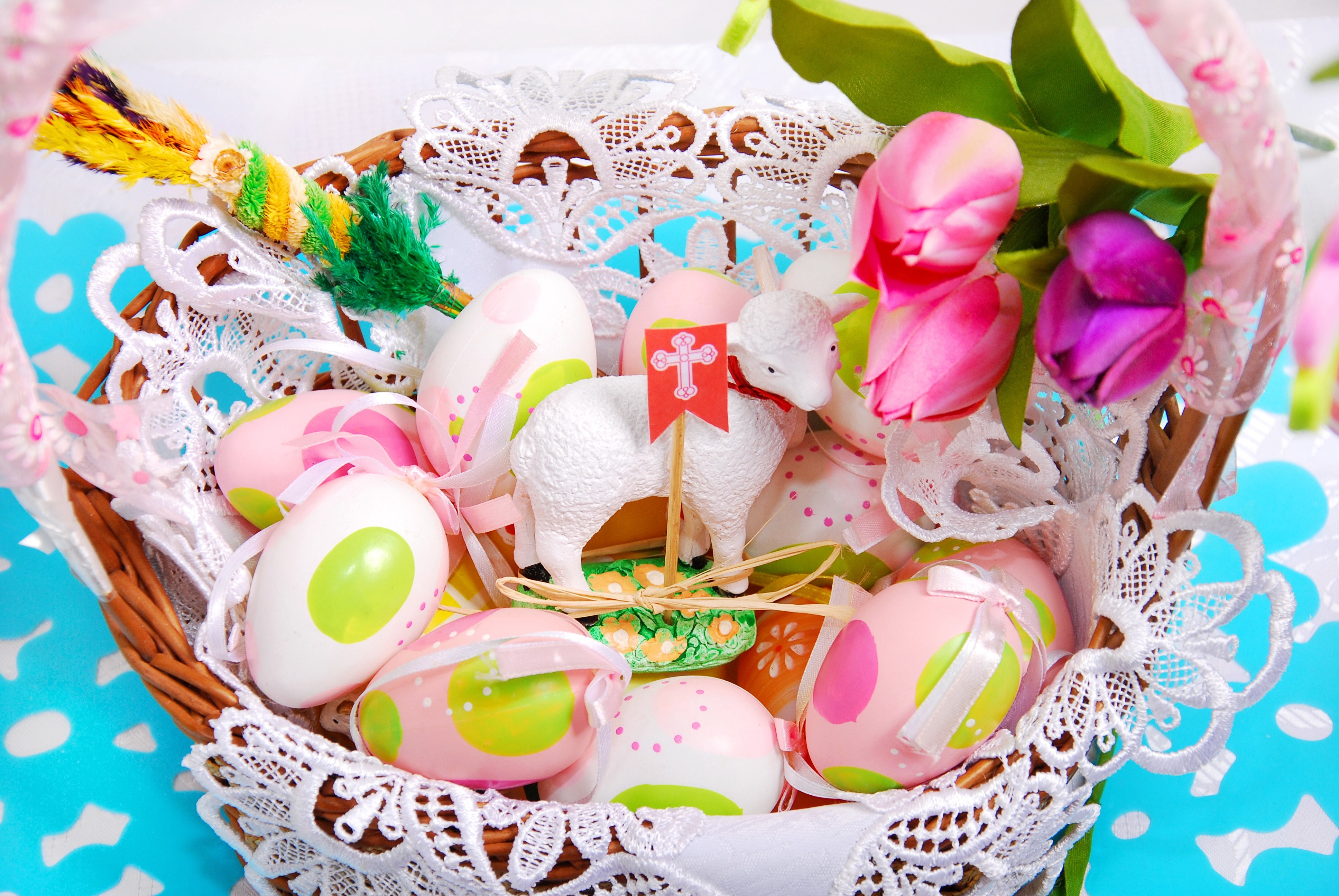 Easter basket with lamb, tulips, and decorated eggs HD Wallpaper