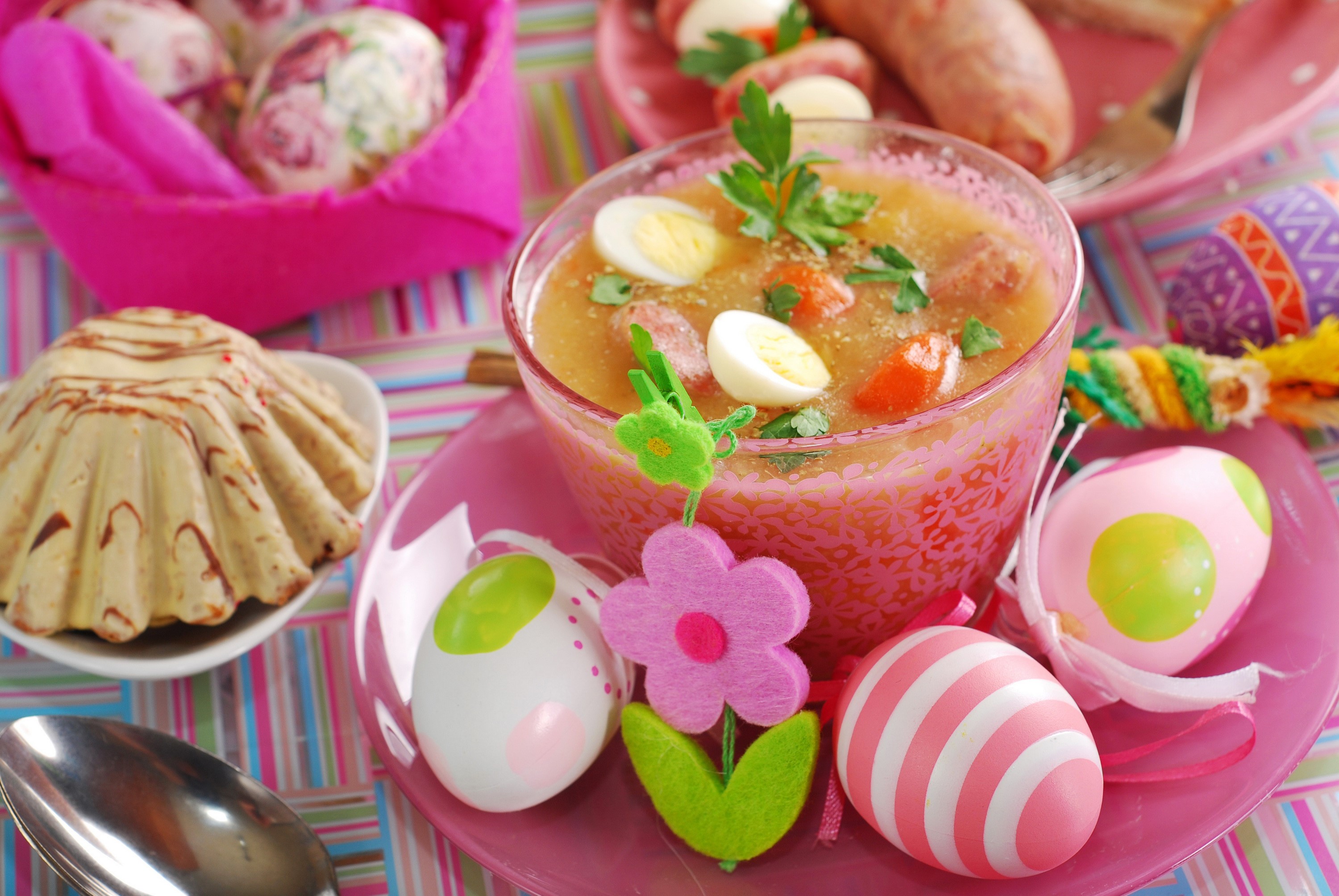 Easter Soup and Pastry with Decorated Eggs HD Wallpaper