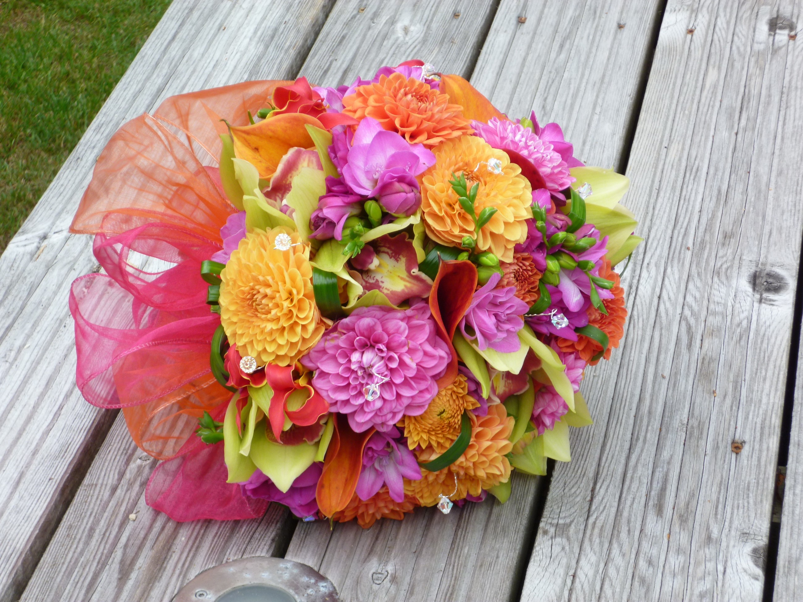 Colorful wedding bouquet with dahlias and orchids HD Wallpaper