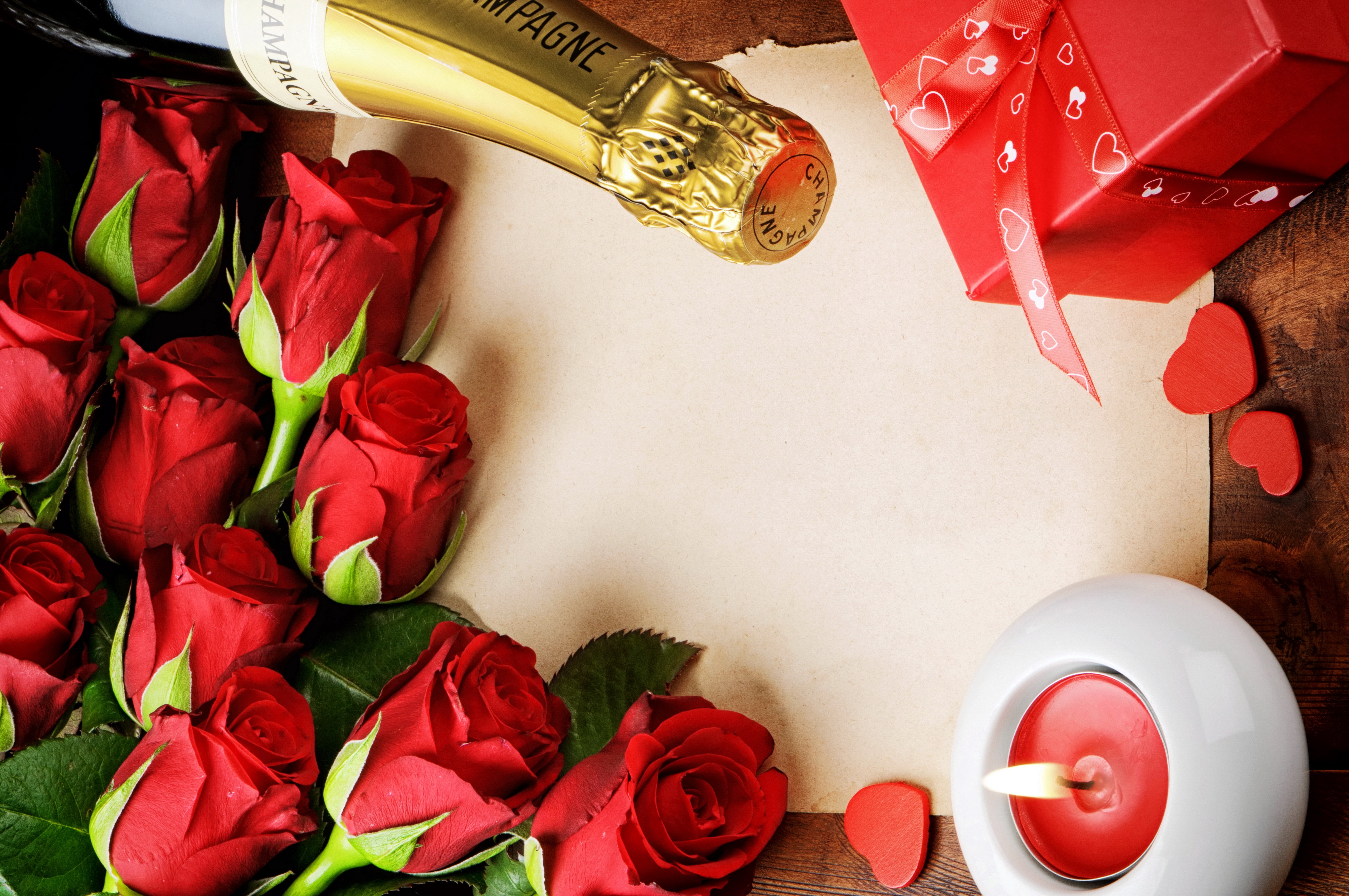 Red Roses, Champagne, Candle, and Gift HD Wallpaper