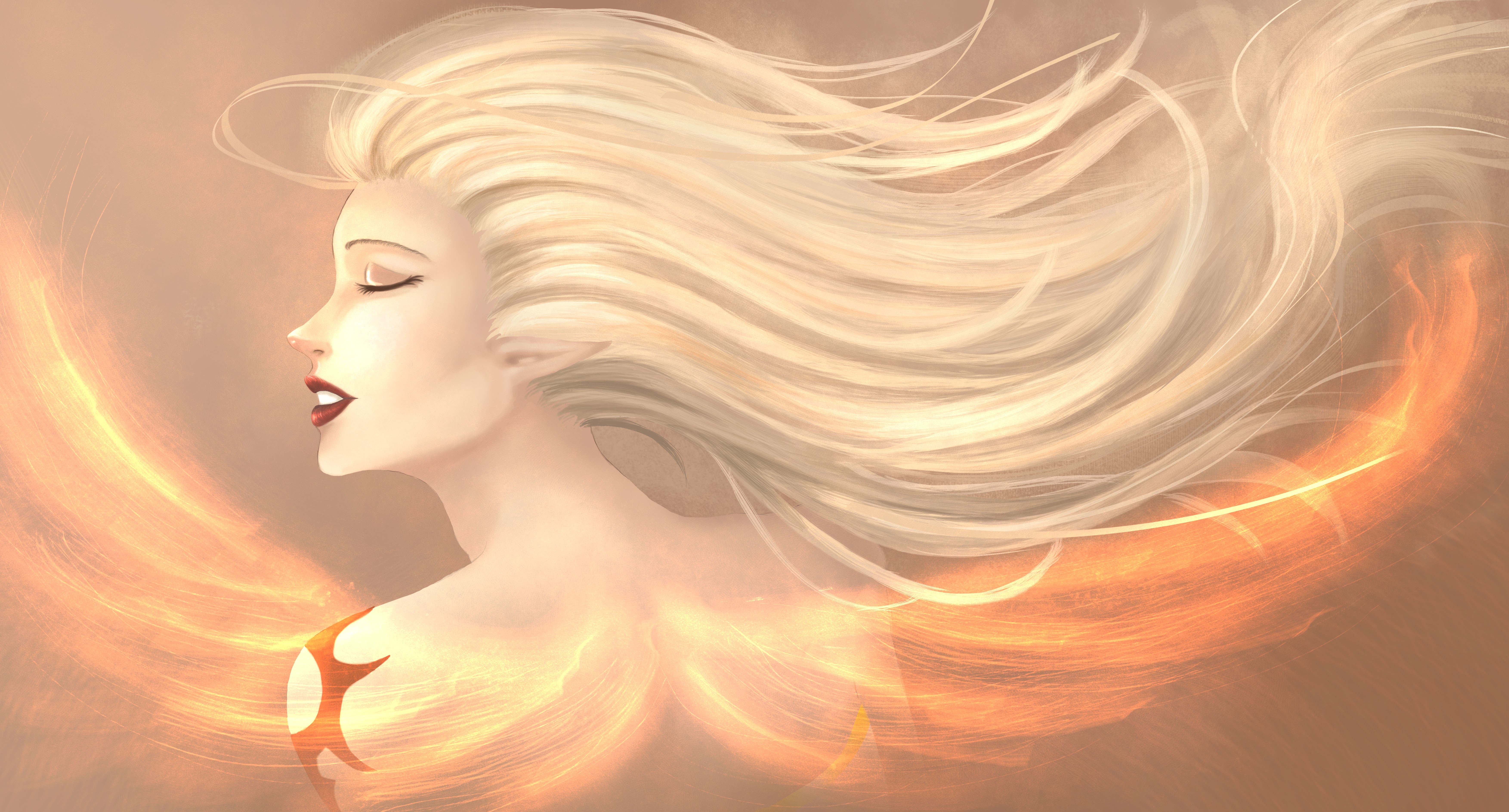 League of Legends character with blonde hair and fiery wings HD Wallpaper