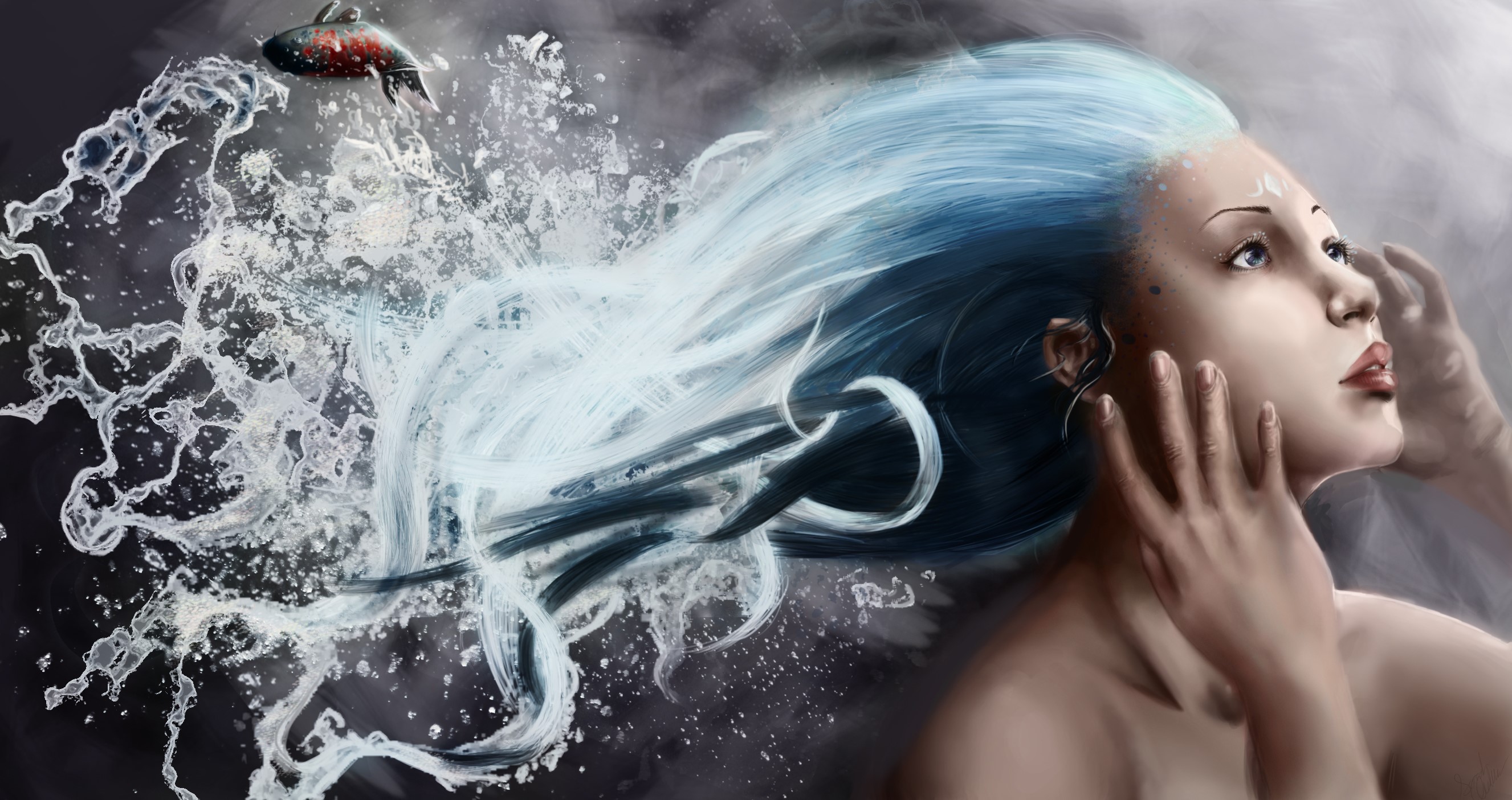 Mermaid with flowing water hair and a fish HD Wallpaper