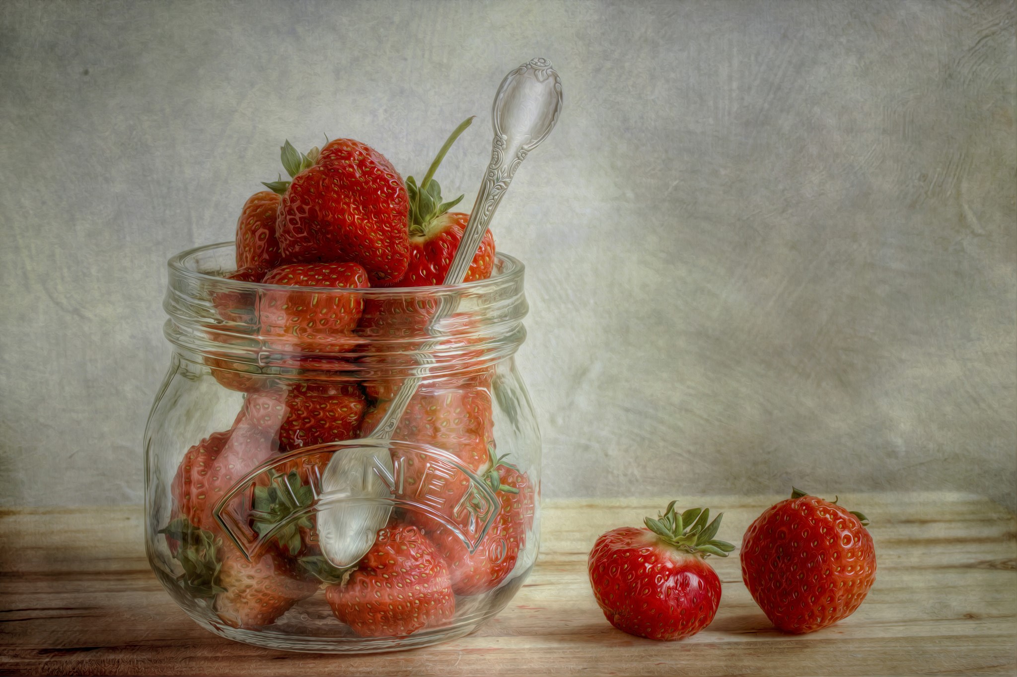 Strawberries in a jar with a spoon HD Wallpaper