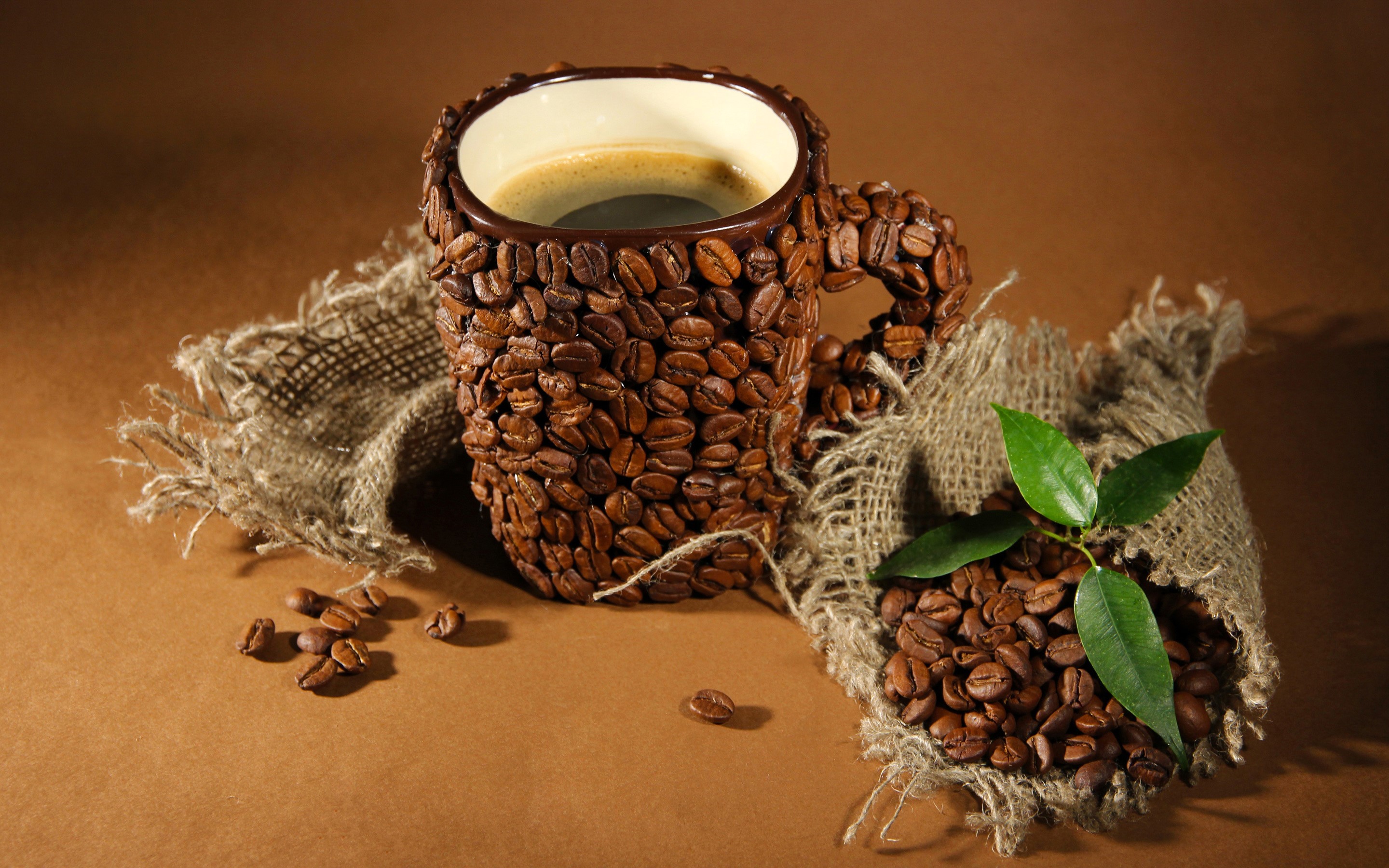 Coffee cup decorated with coffee beans and burlap sack HD Wallpaper