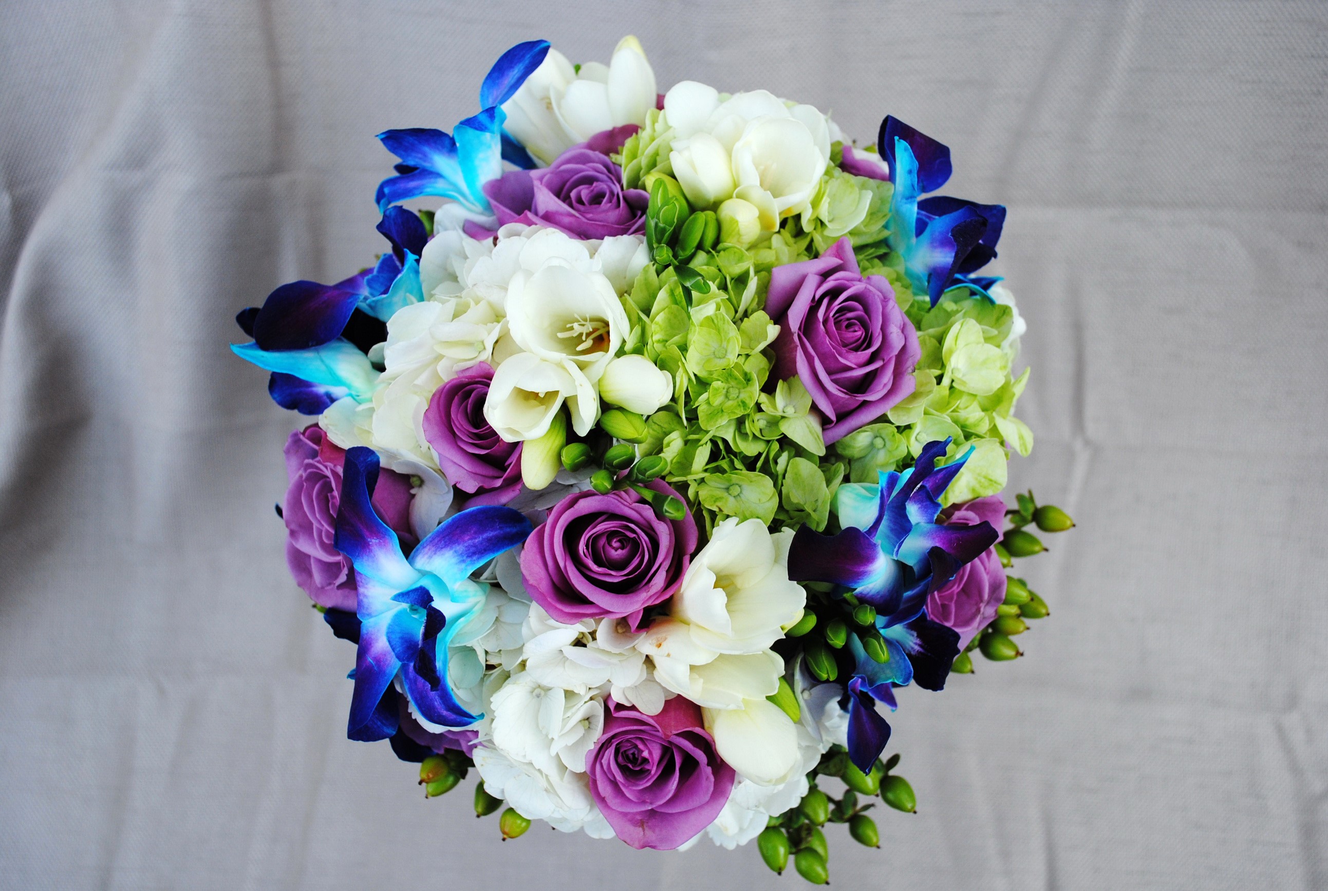 Purple roses and blue orchids bouquet HD Wallpaper