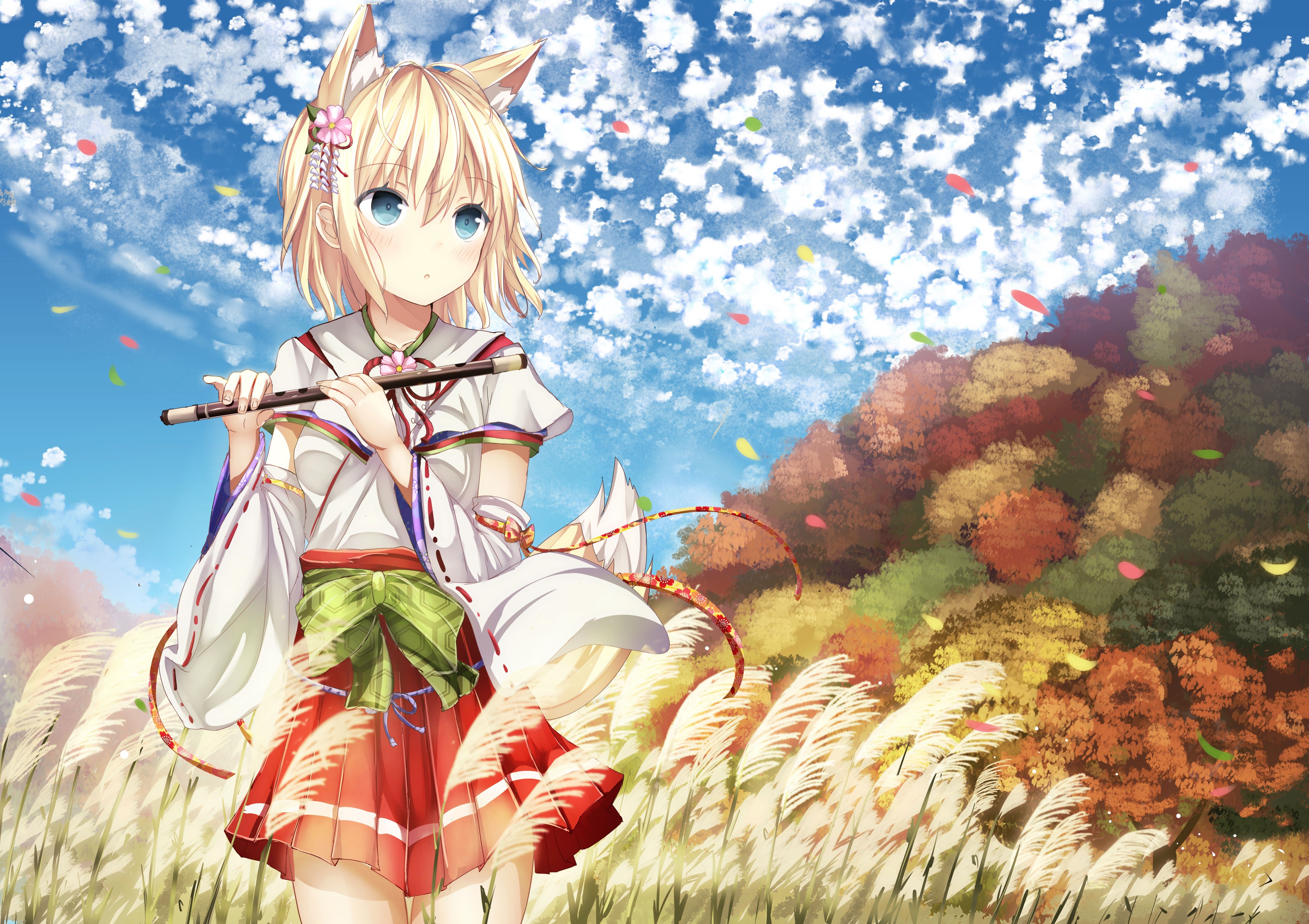 Kitsune girl playing flute in a field HD Wallpaper