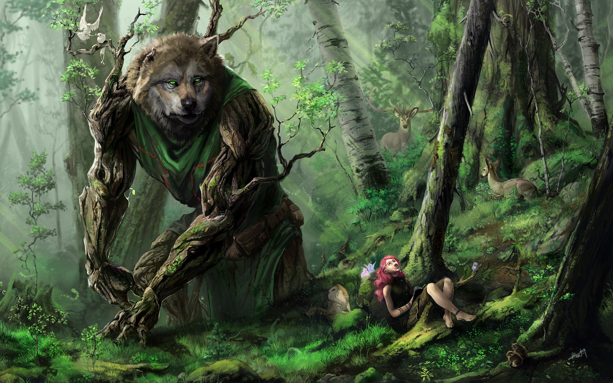 Giant wolf-like creature and a fairy in a forest HD Wallpaper