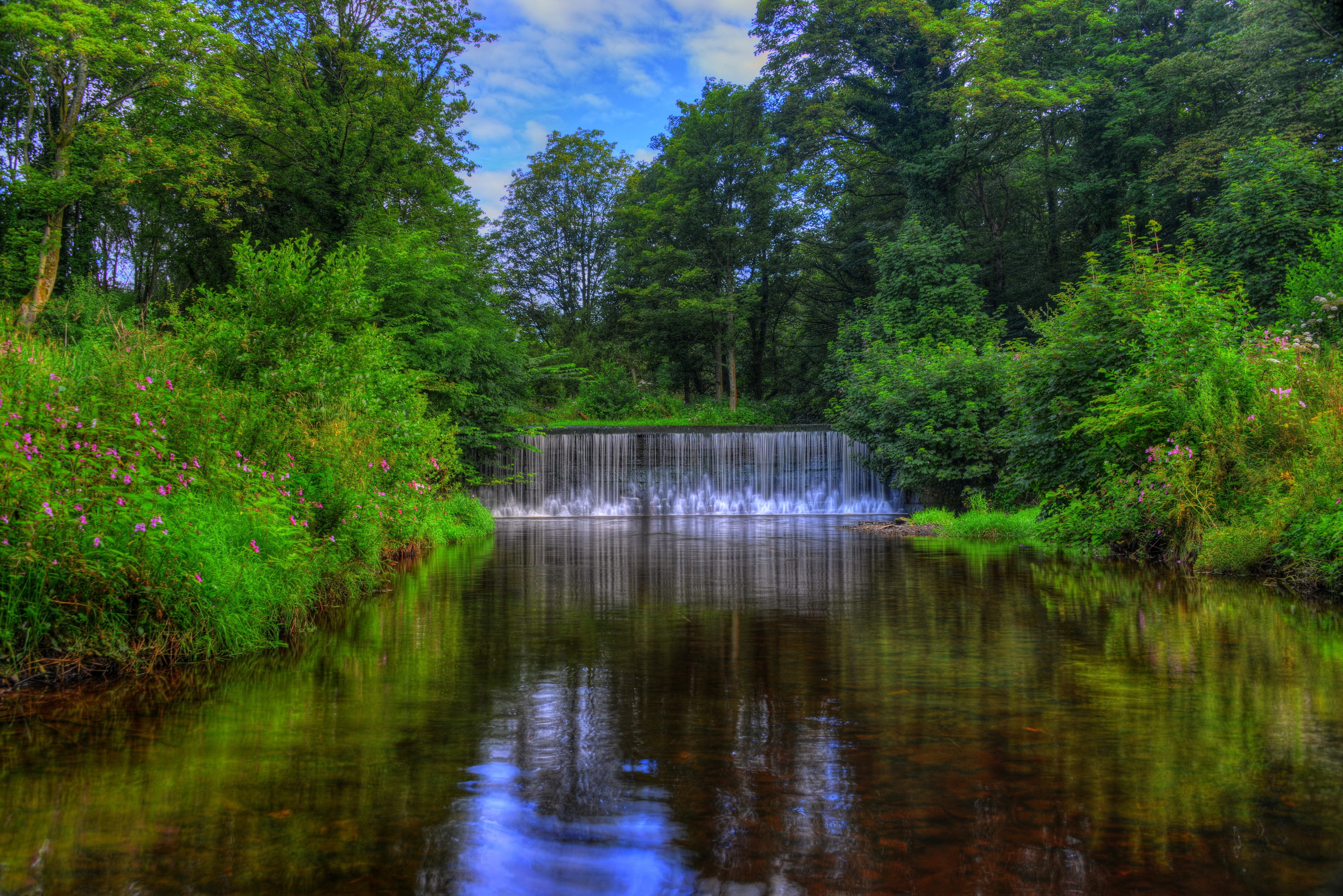 Waterfall in a forest with a river in England HD Wallpaper