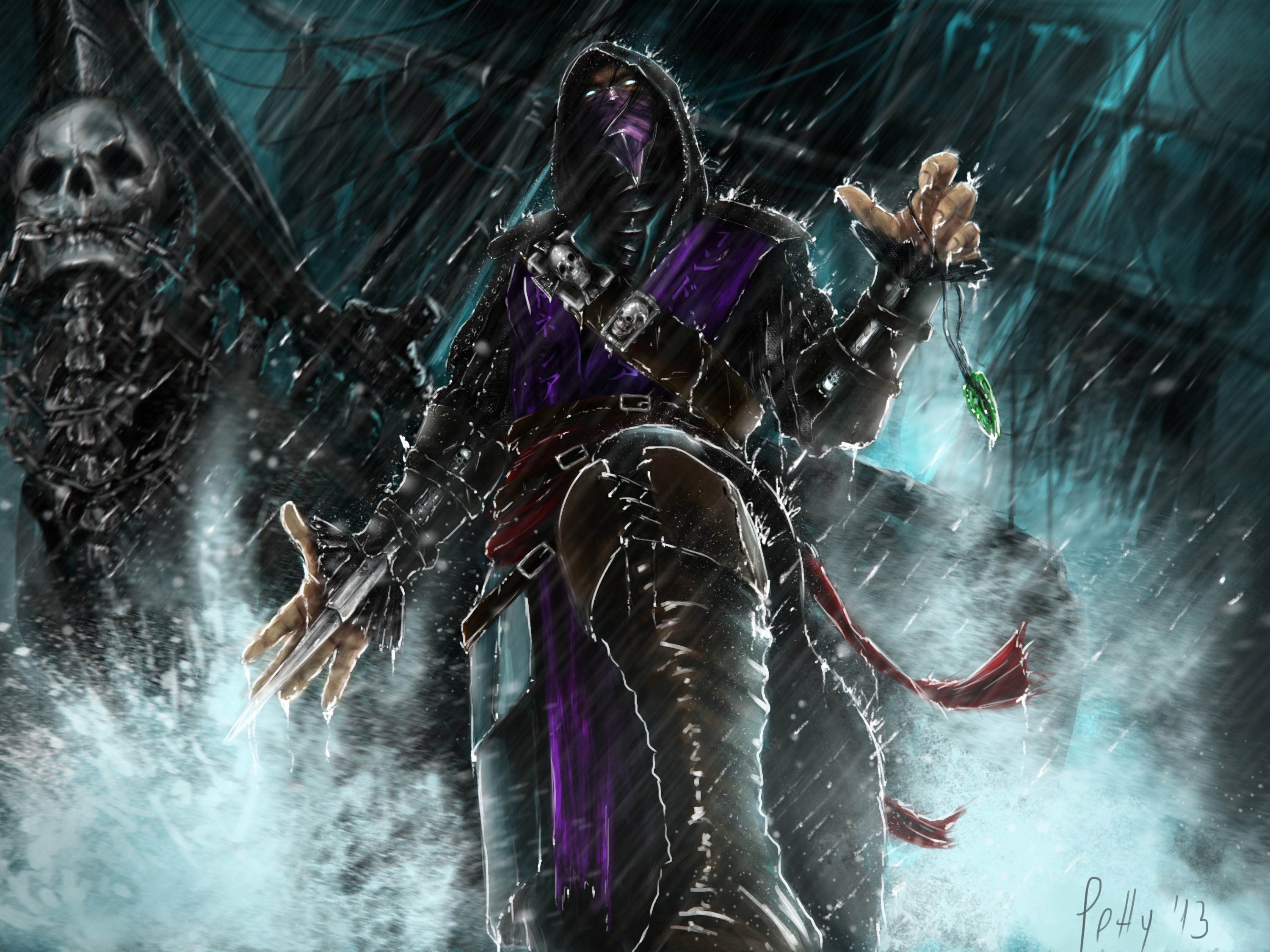 Scorpion from Mortal Kombat in the rain HD Wallpaper