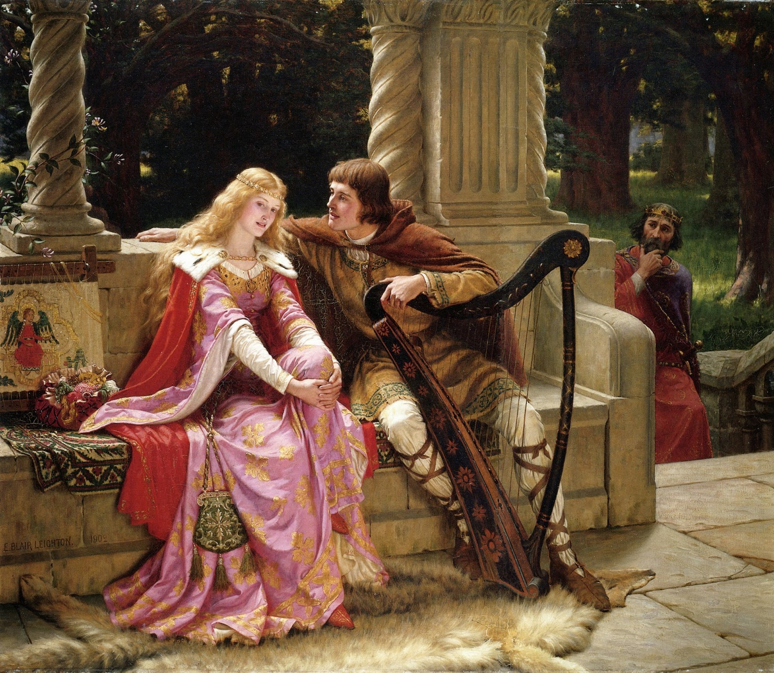 Edmund Blair Leighton's painting of a couple with a harp HD Wallpaper
