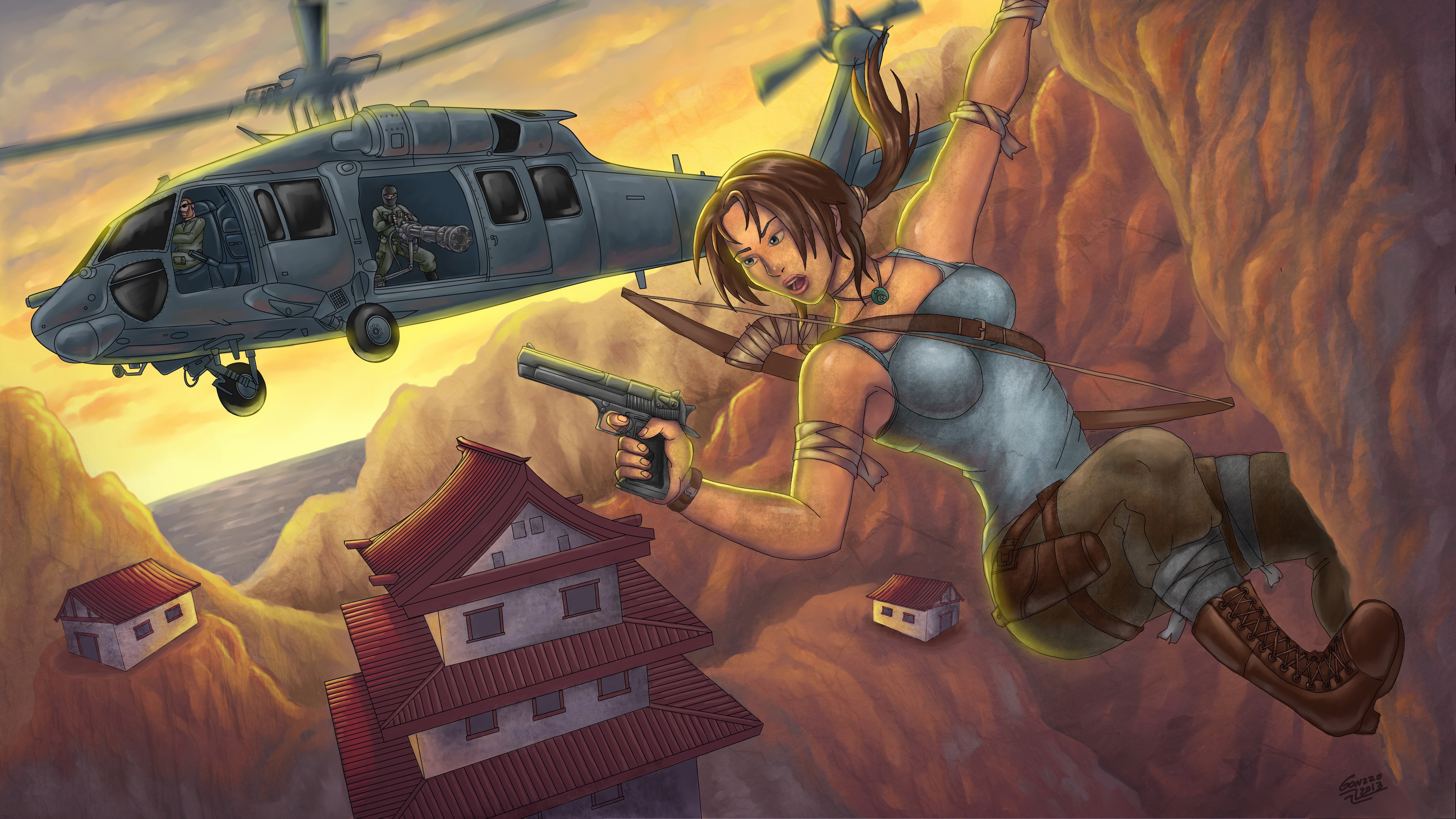 Lara Croft from Tomb Raider rappelling from a helicopter HD Wallpaper