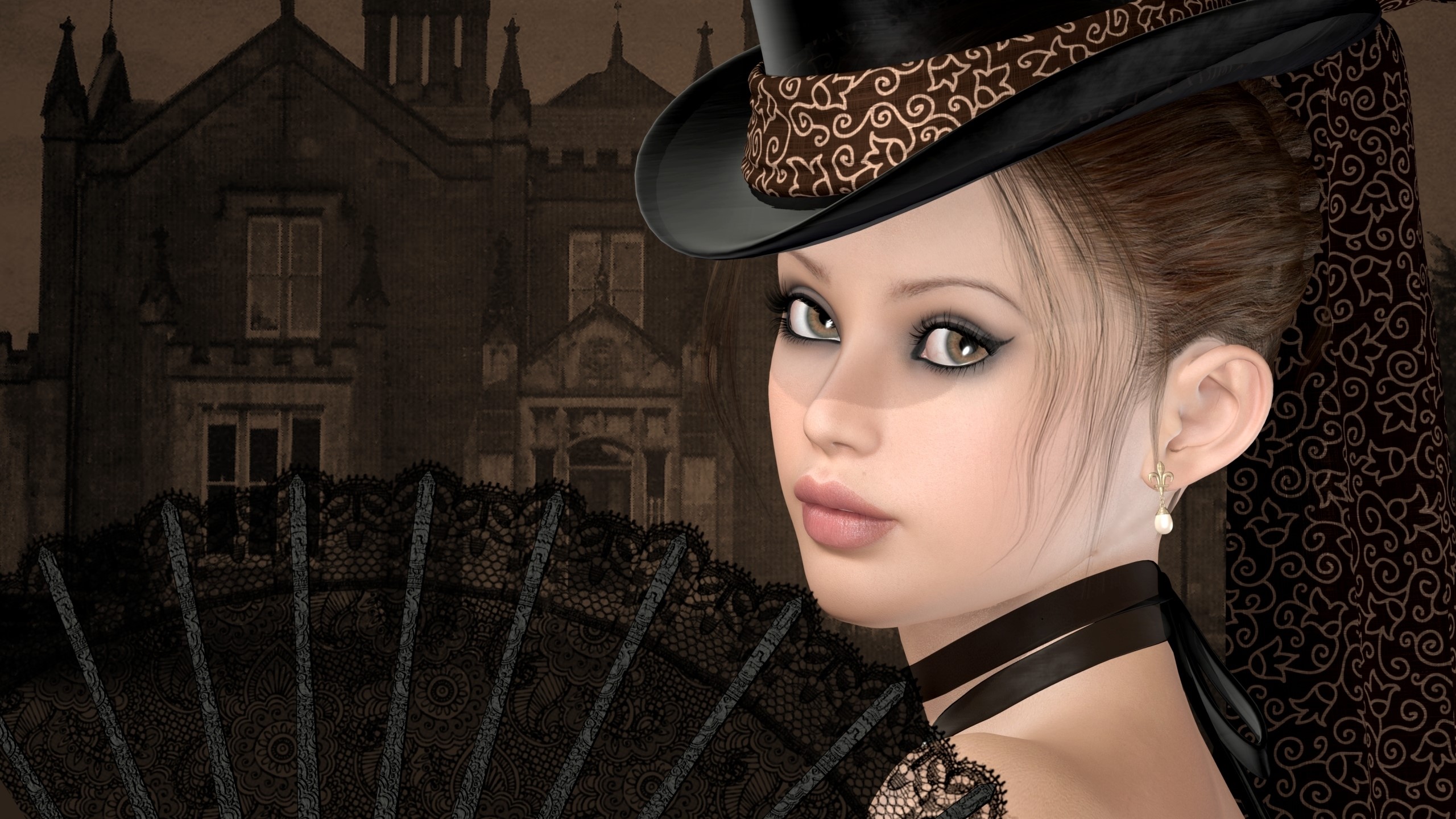 Woman in top hat with fan in front of mansion HD Wallpaper