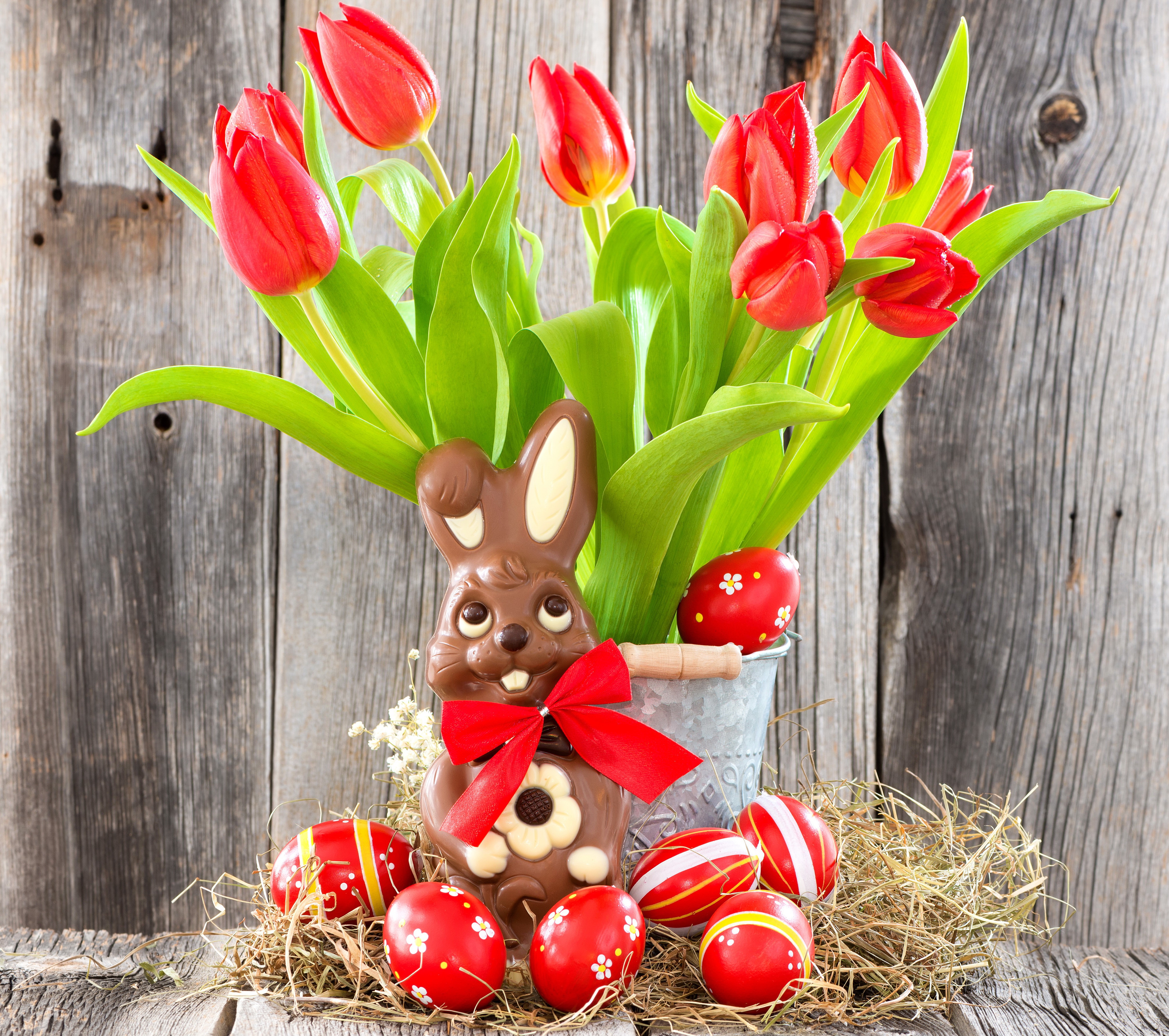 Easter Chocolate Bunny with Tulips and Eggs HD Wallpaper