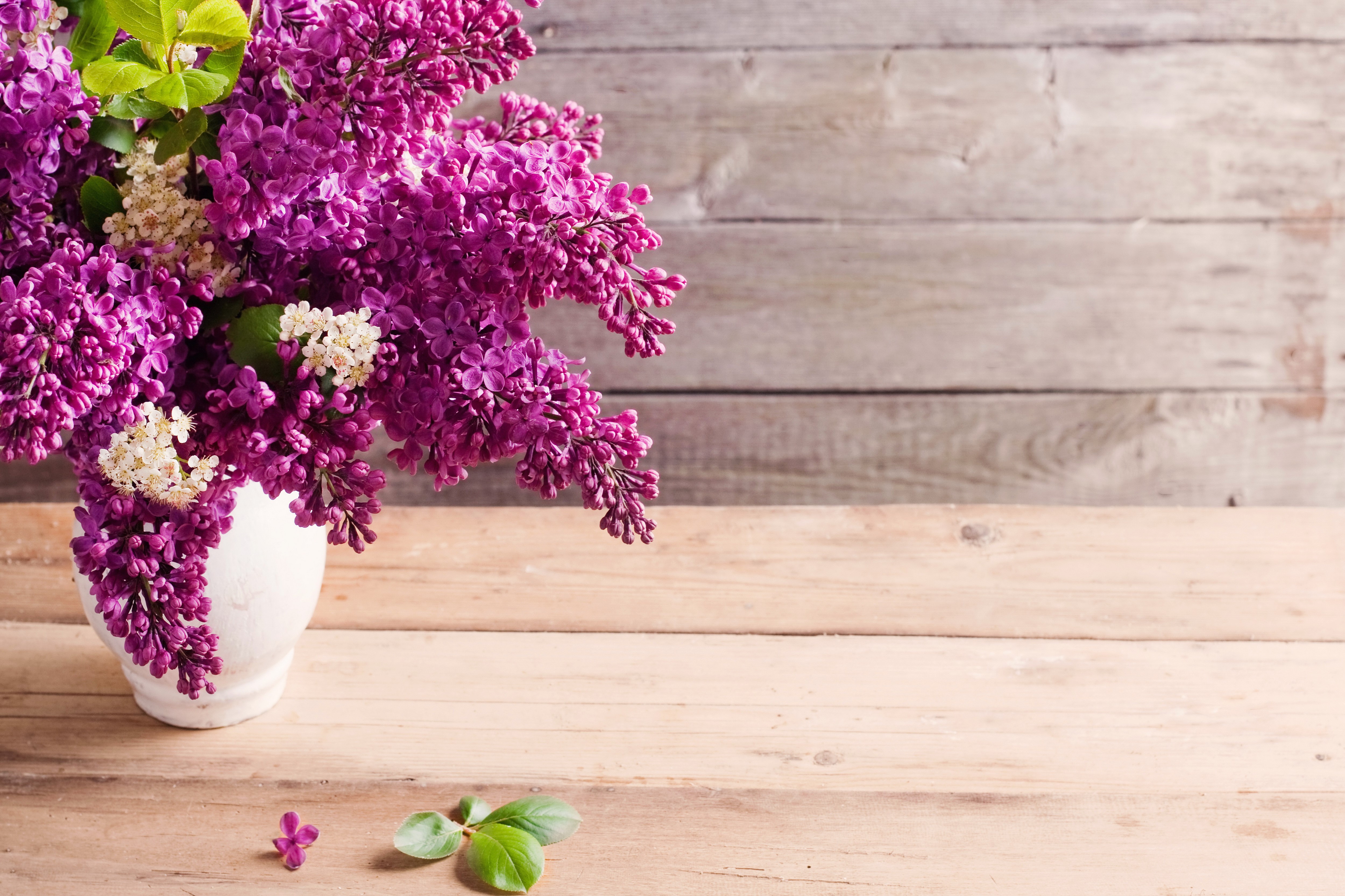 Lilac flowers in a vase on a wooden table HD Wallpaper