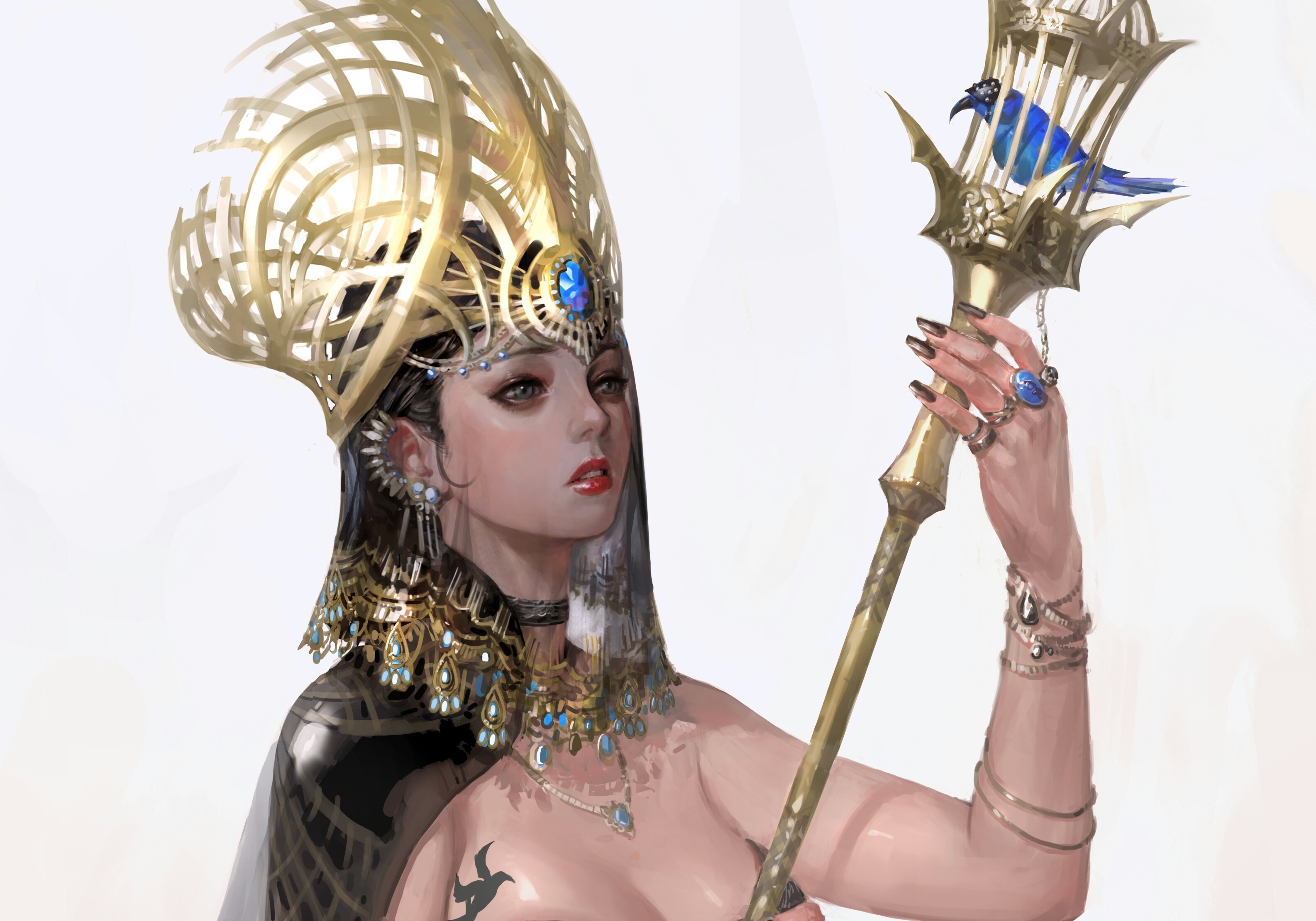 Woman in golden headdress holding a staff with a birdcage HD Wallpaper