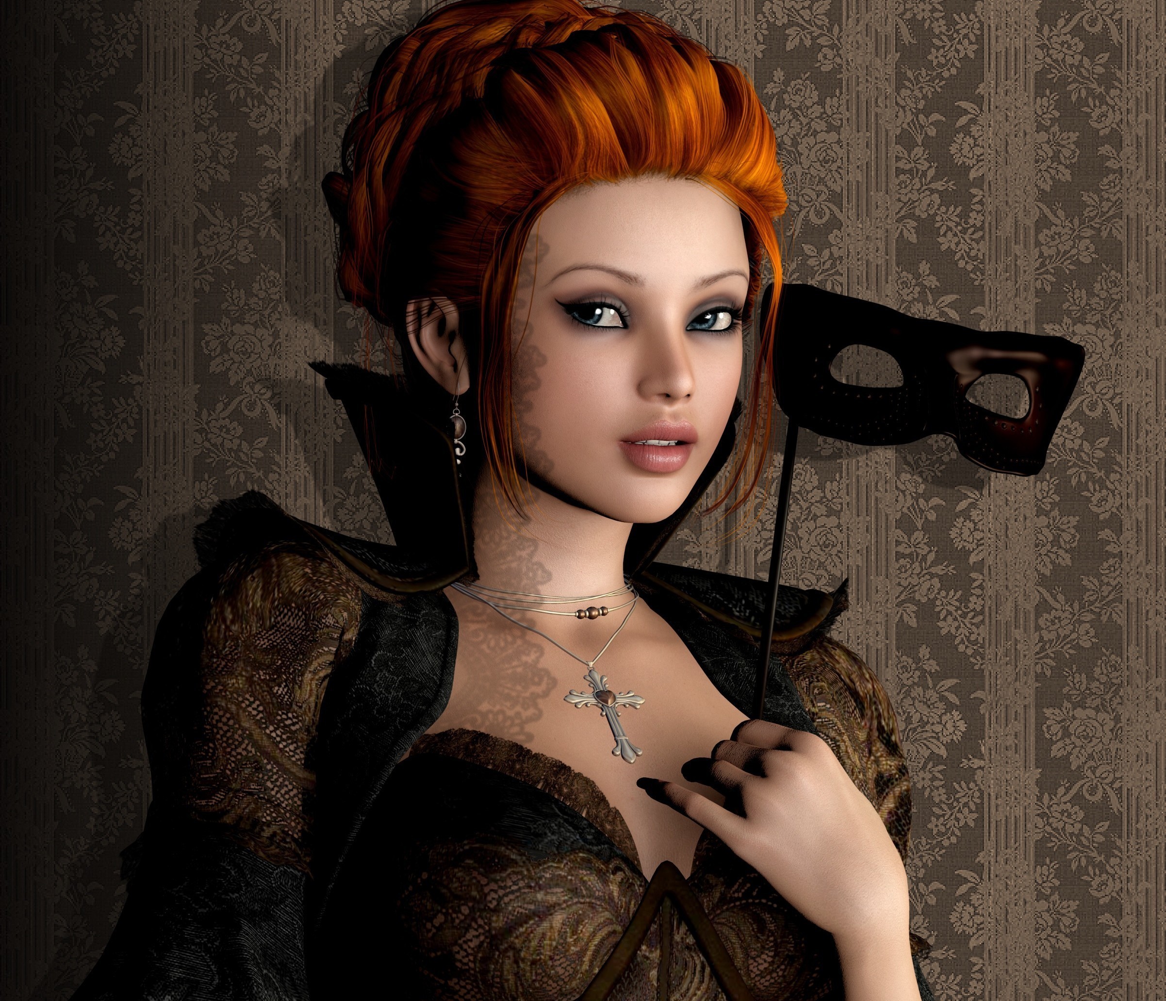 Woman with red hair holding a mask HD Wallpaper