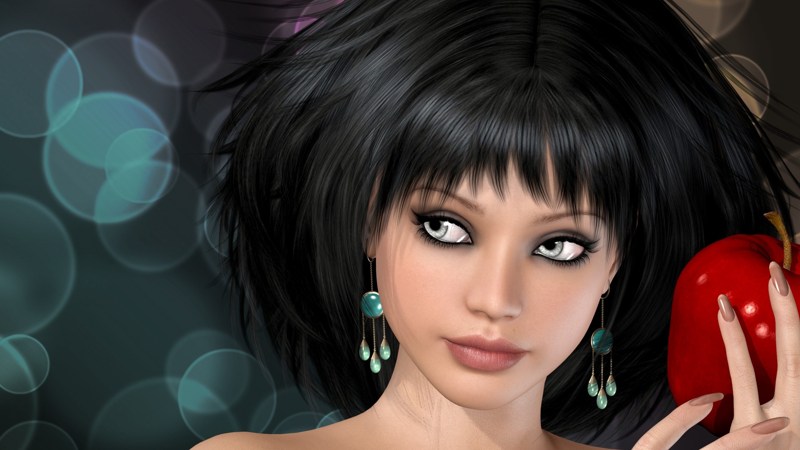 Brunette girl with black hair holding a red apple HD Wallpaper