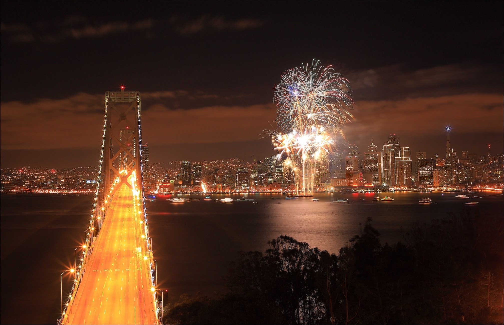 San Francisco Bay Bridge Fireworks at Night HD Wallpaper