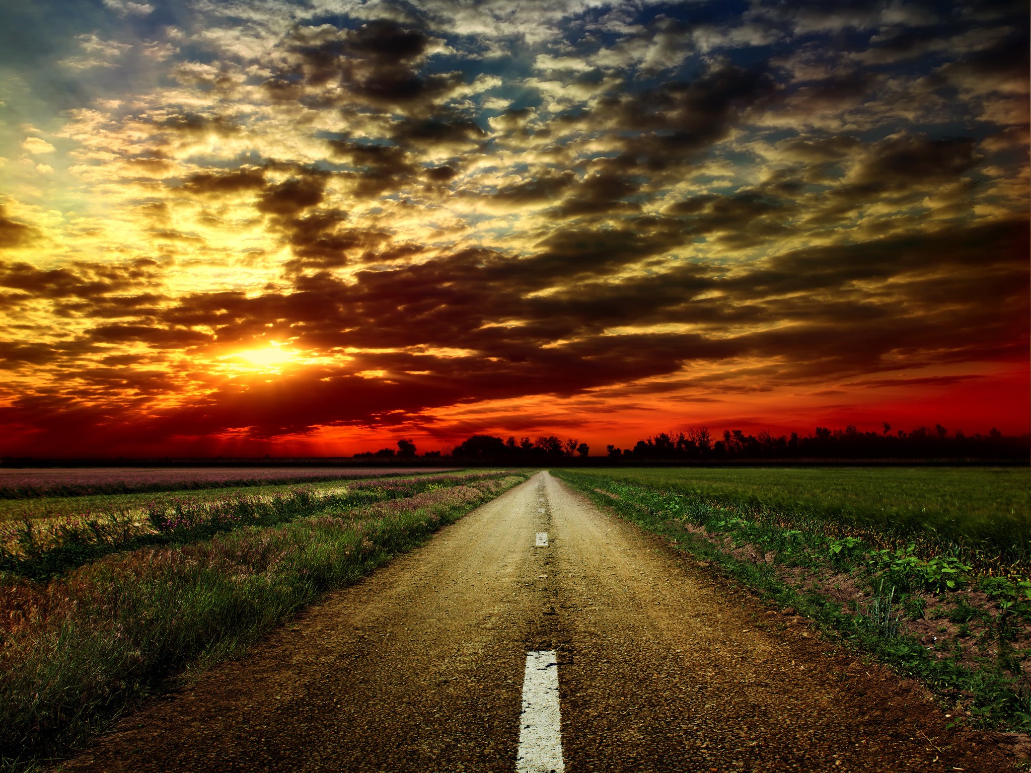 Road through fields at sunset with dramatic clouds HD Wallpaper